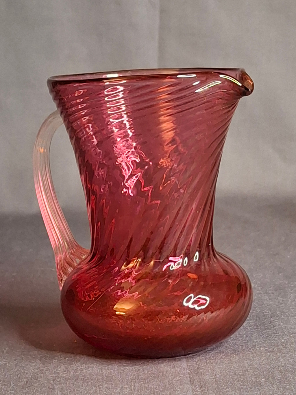 Antique Victorian Cranberry Glass Mini Pitcher Swirl Optic Hand Blown Clear Applied Handle 3.75"