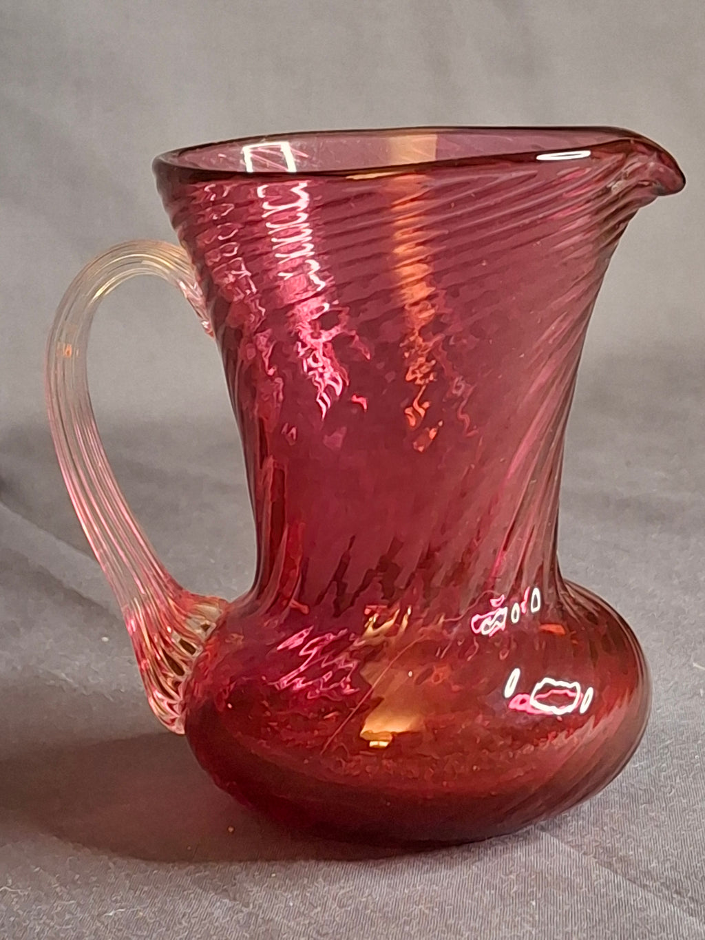 Antique Victorian Cranberry Glass Mini Pitcher Swirl Optic Hand Blown Clear Applied Handle 3.75"