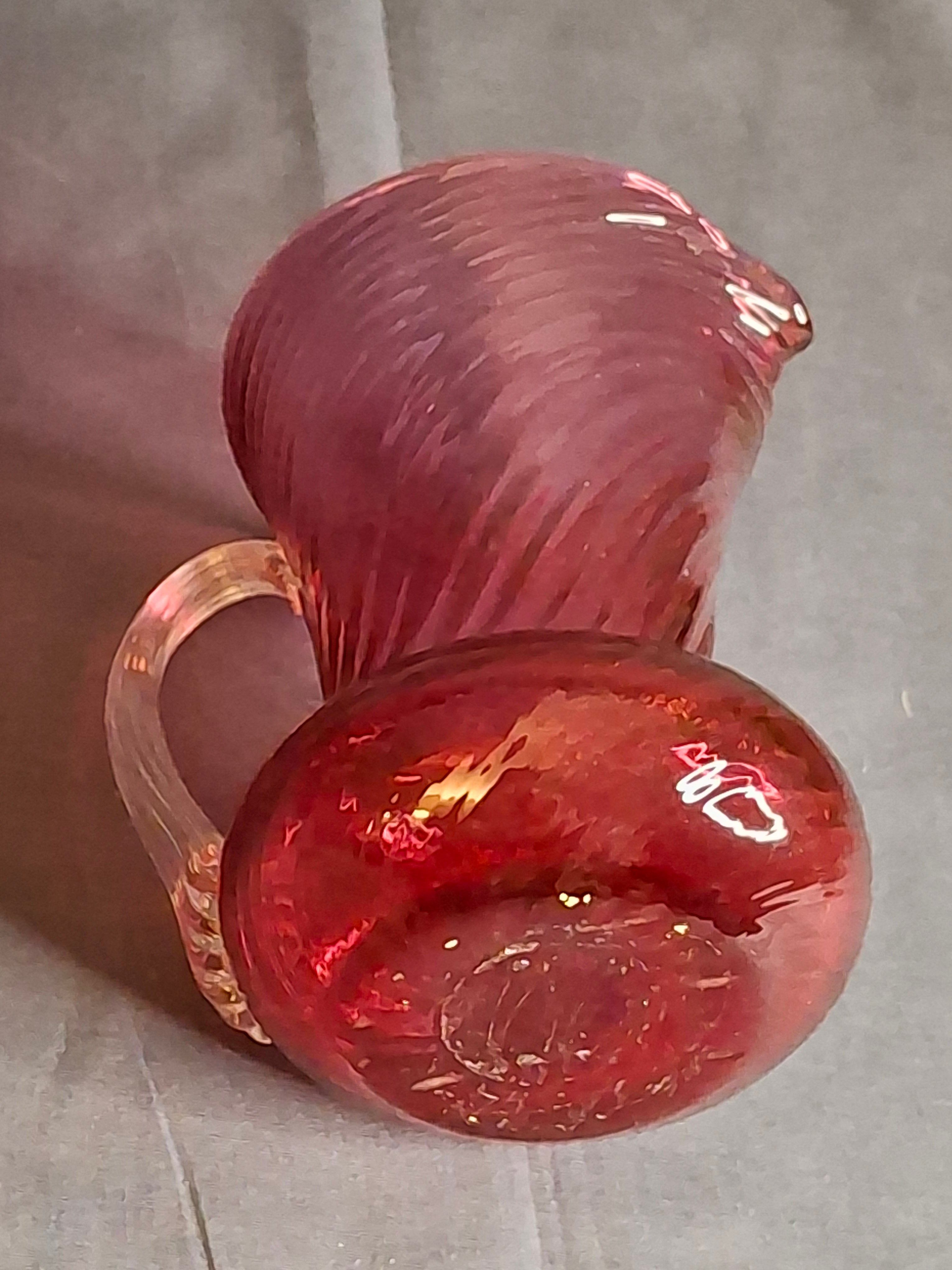 Antique Victorian Cranberry Glass Mini Pitcher Swirl Optic Hand Blown Clear Applied Handle 3.75"