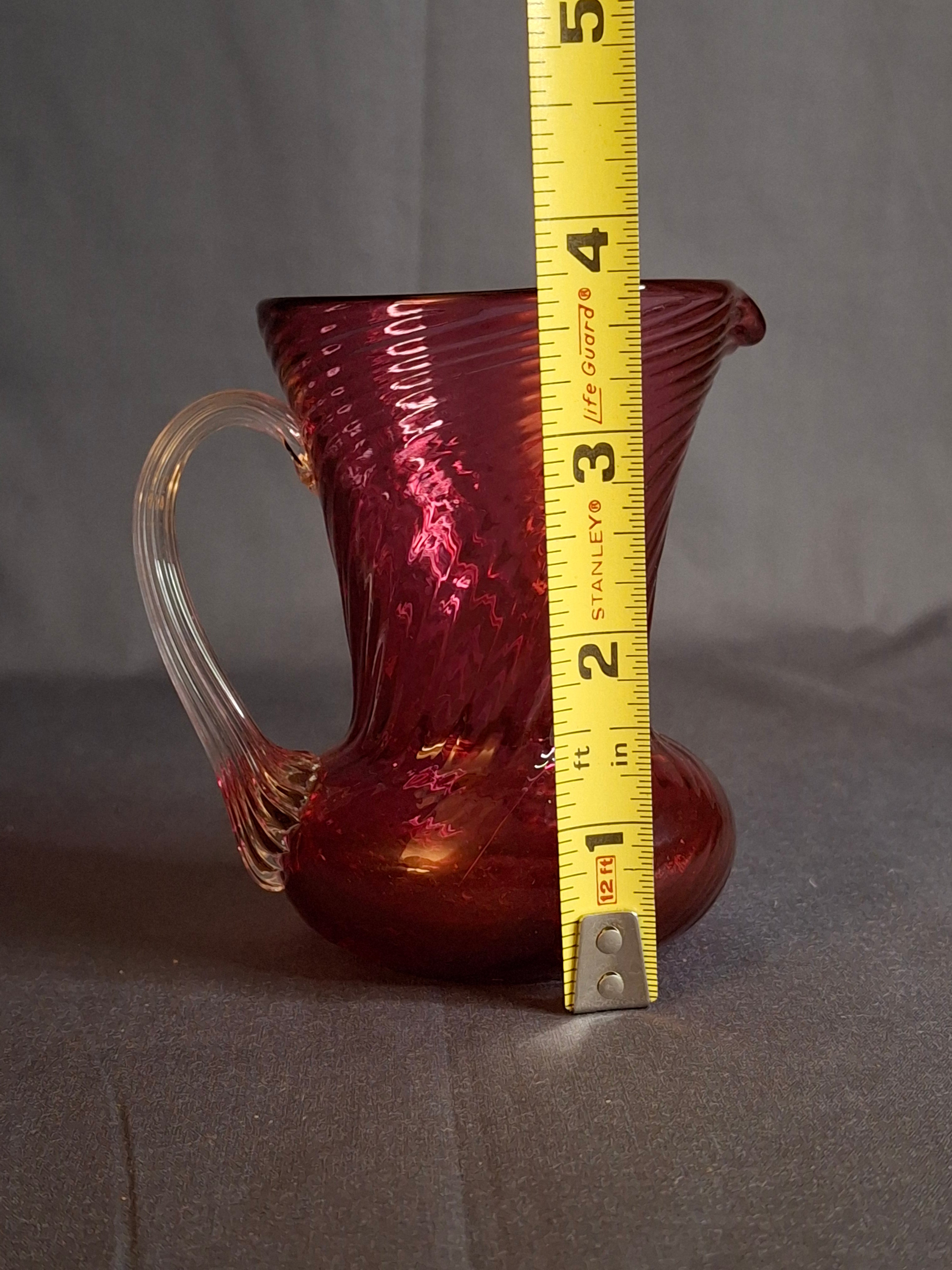 Antique Victorian Cranberry Glass Mini Pitcher Swirl Optic Hand Blown Clear Applied Handle 3.75"