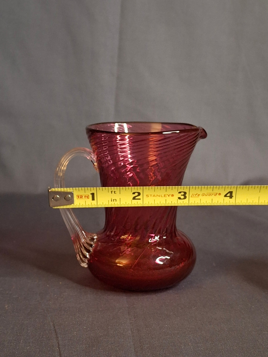 Antique Victorian Cranberry Glass Mini Pitcher Swirl Optic Hand Blown Clear Applied Handle 3.75"