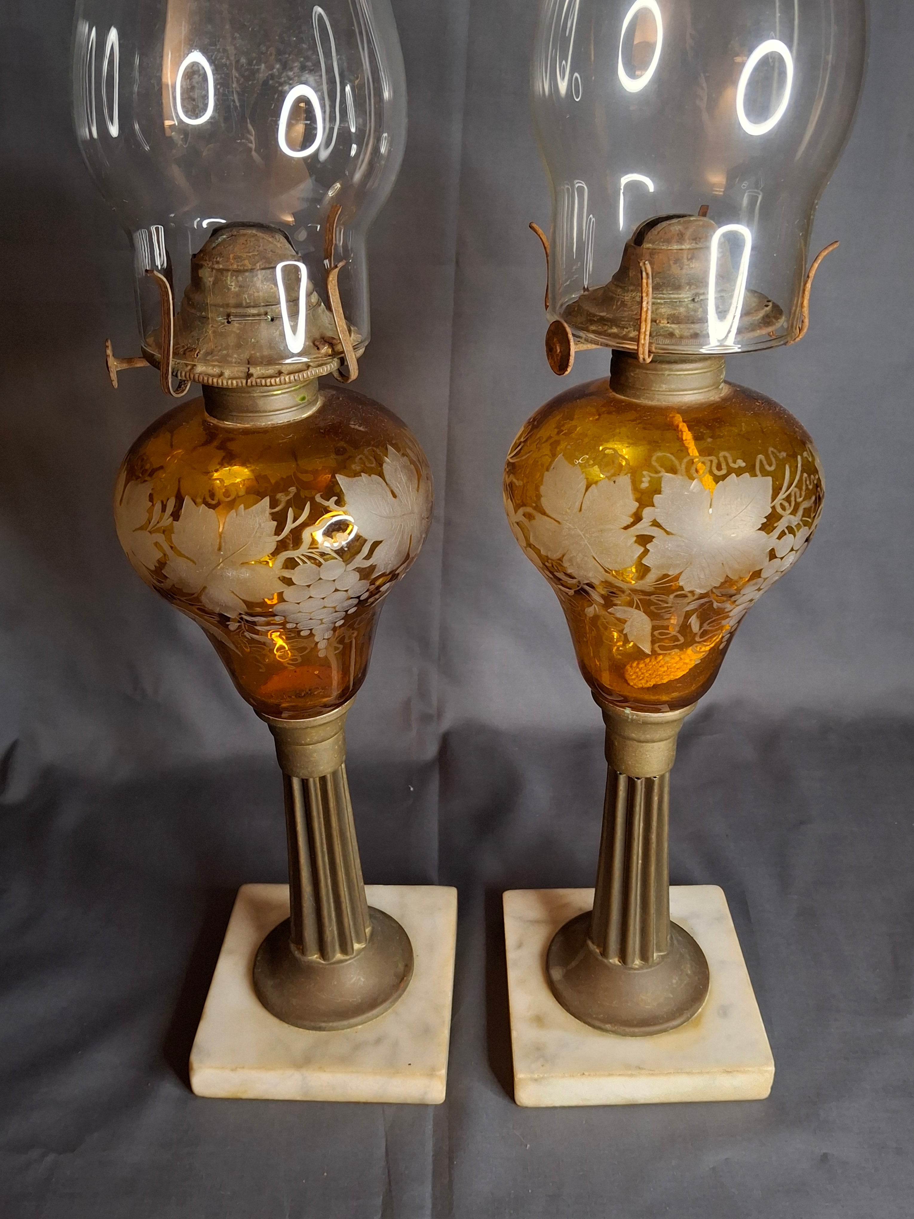 Antique Matching Pair 19th Century Amber Glass Kerosene Lamps Grape Pattern Marble Base
