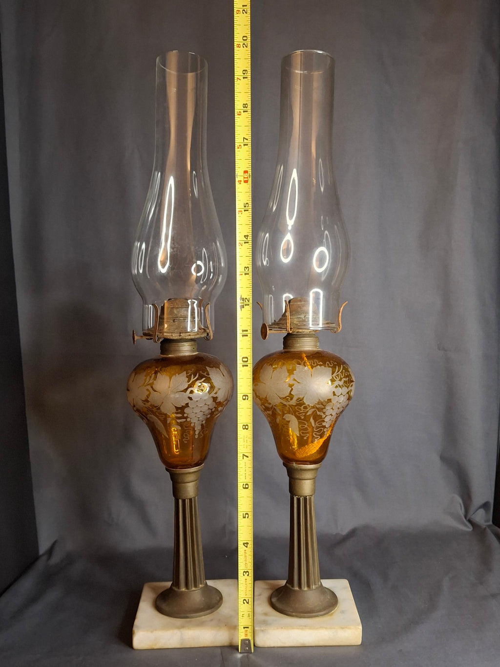 Antique Matching Pair 19th Century Amber Glass Kerosene Lamps Grape Pattern Marble Base