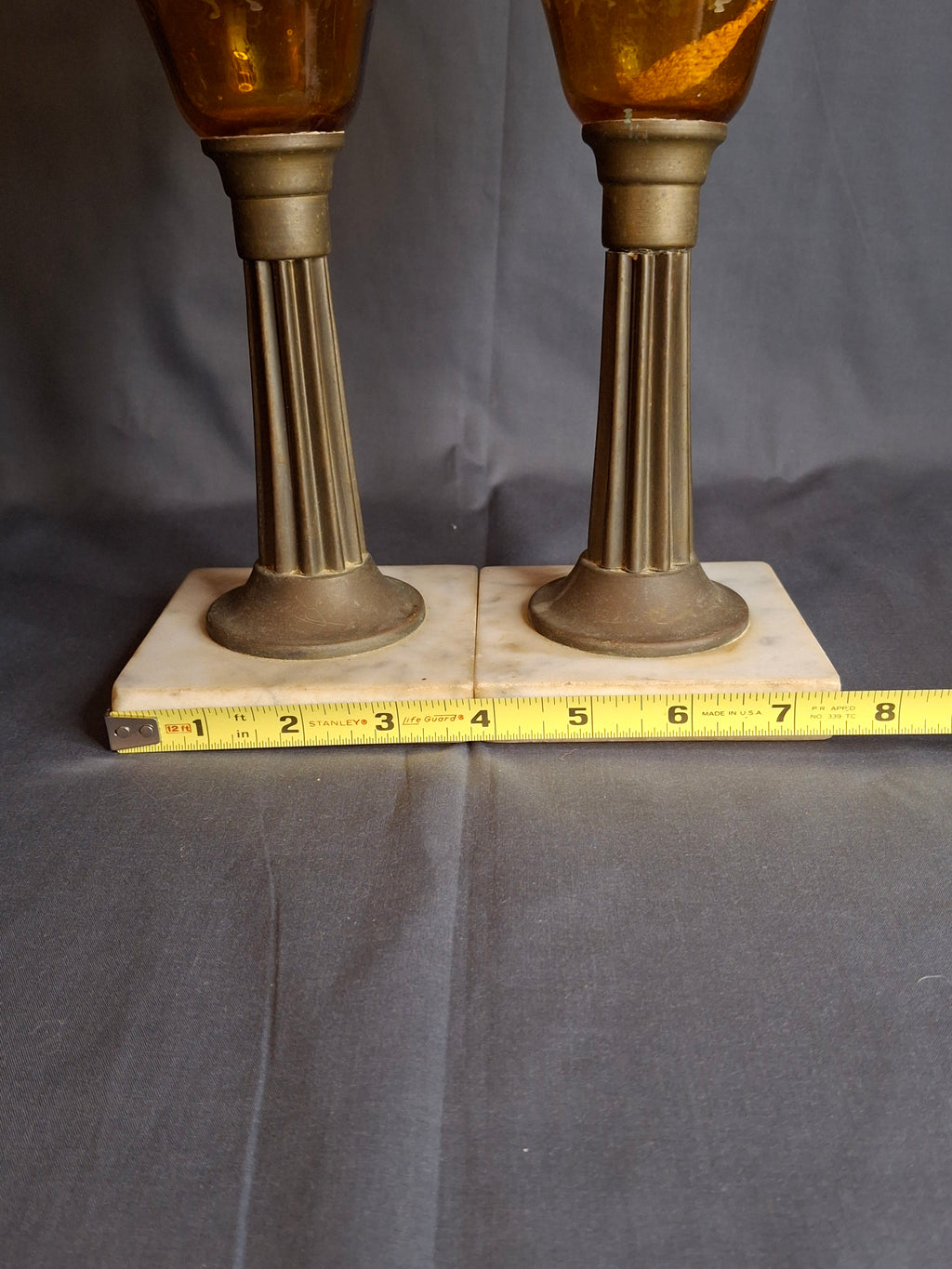 Antique Matching Pair 19th Century Amber Glass Kerosene Lamps Grape Pattern Marble Base