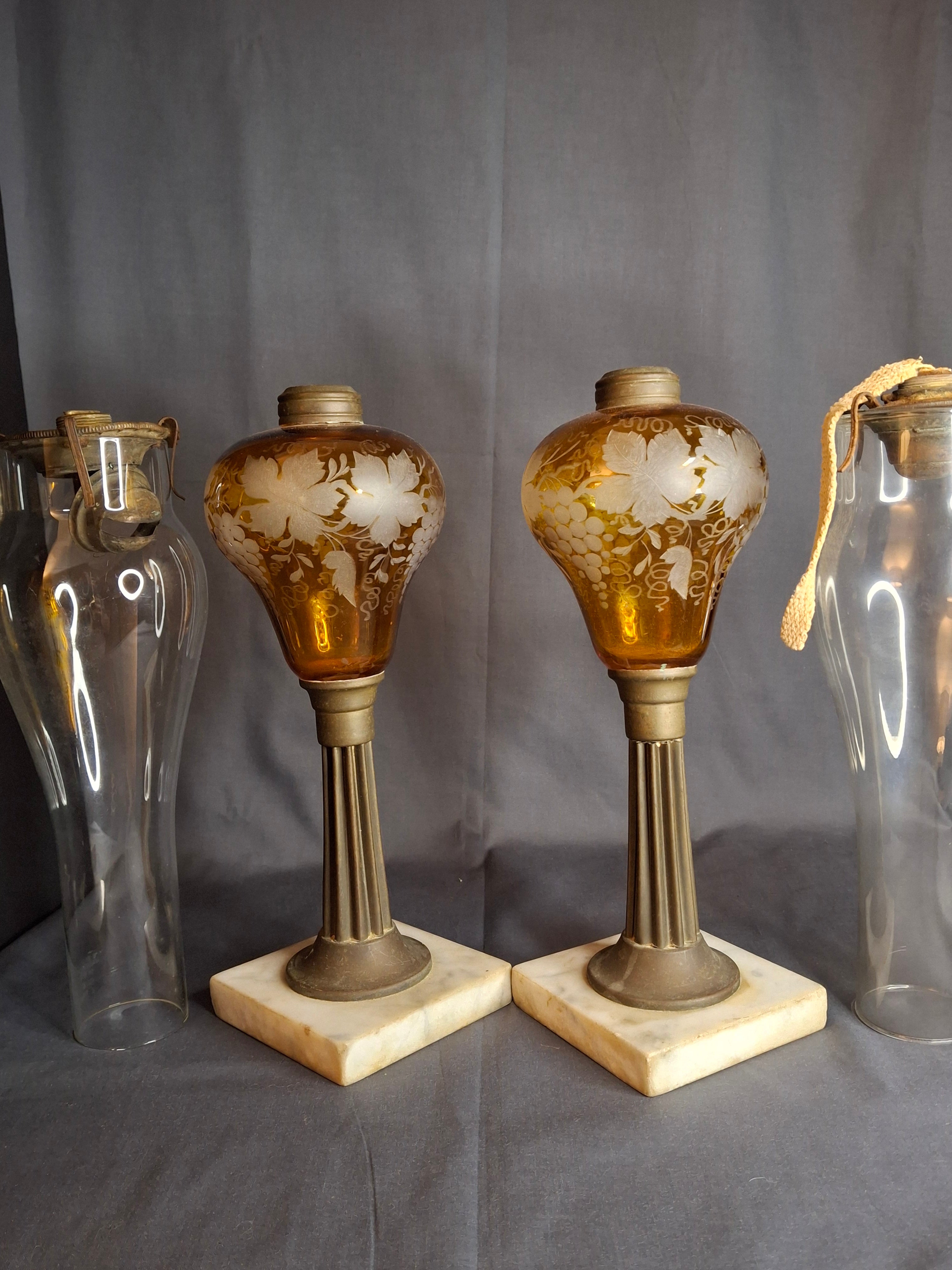 Antique Matching Pair 19th Century Amber Glass Kerosene Lamps Grape Pattern Marble Base