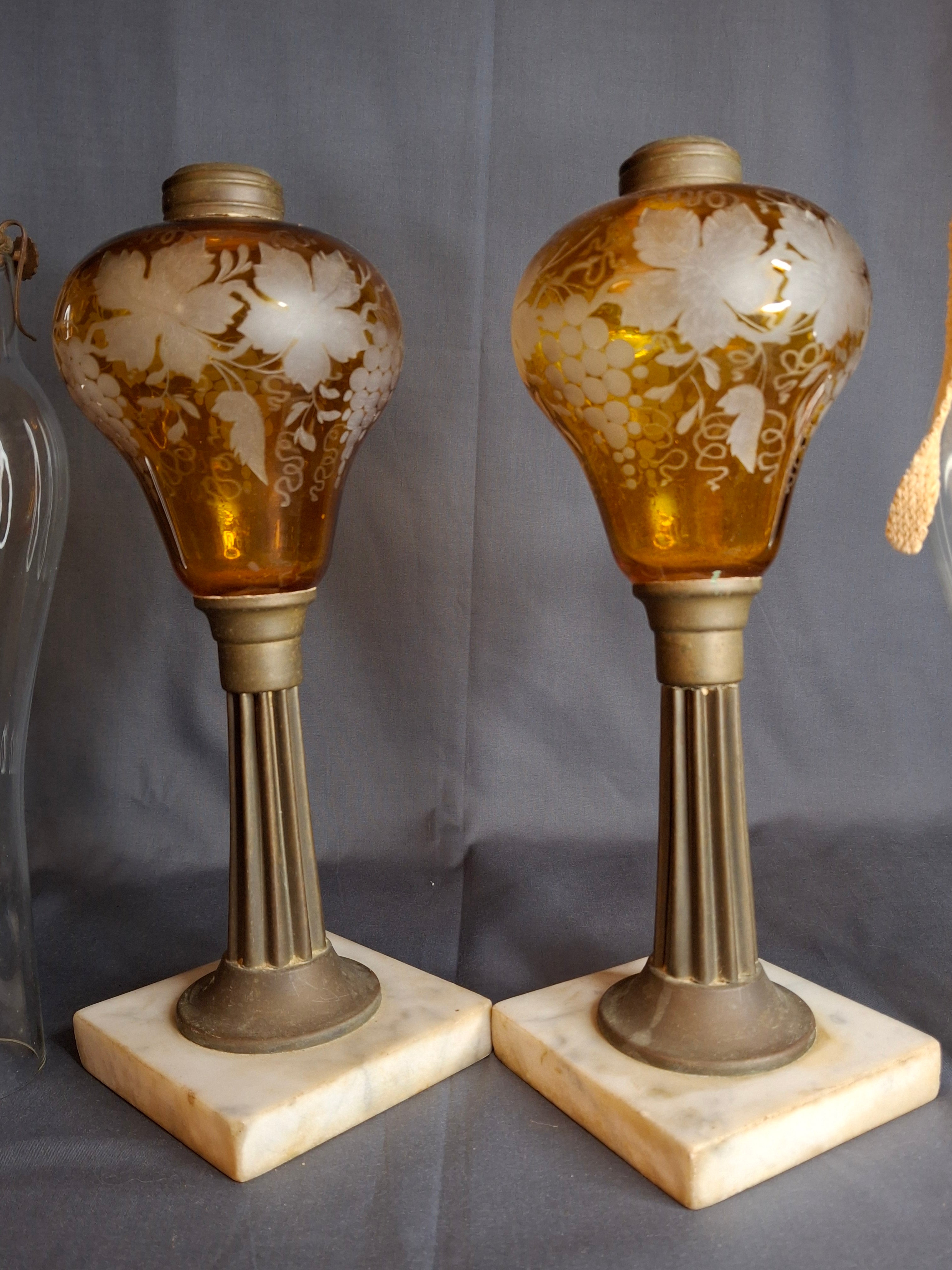 Antique Matching Pair 19th Century Amber Glass Kerosene Lamps Grape Pattern Marble Base
