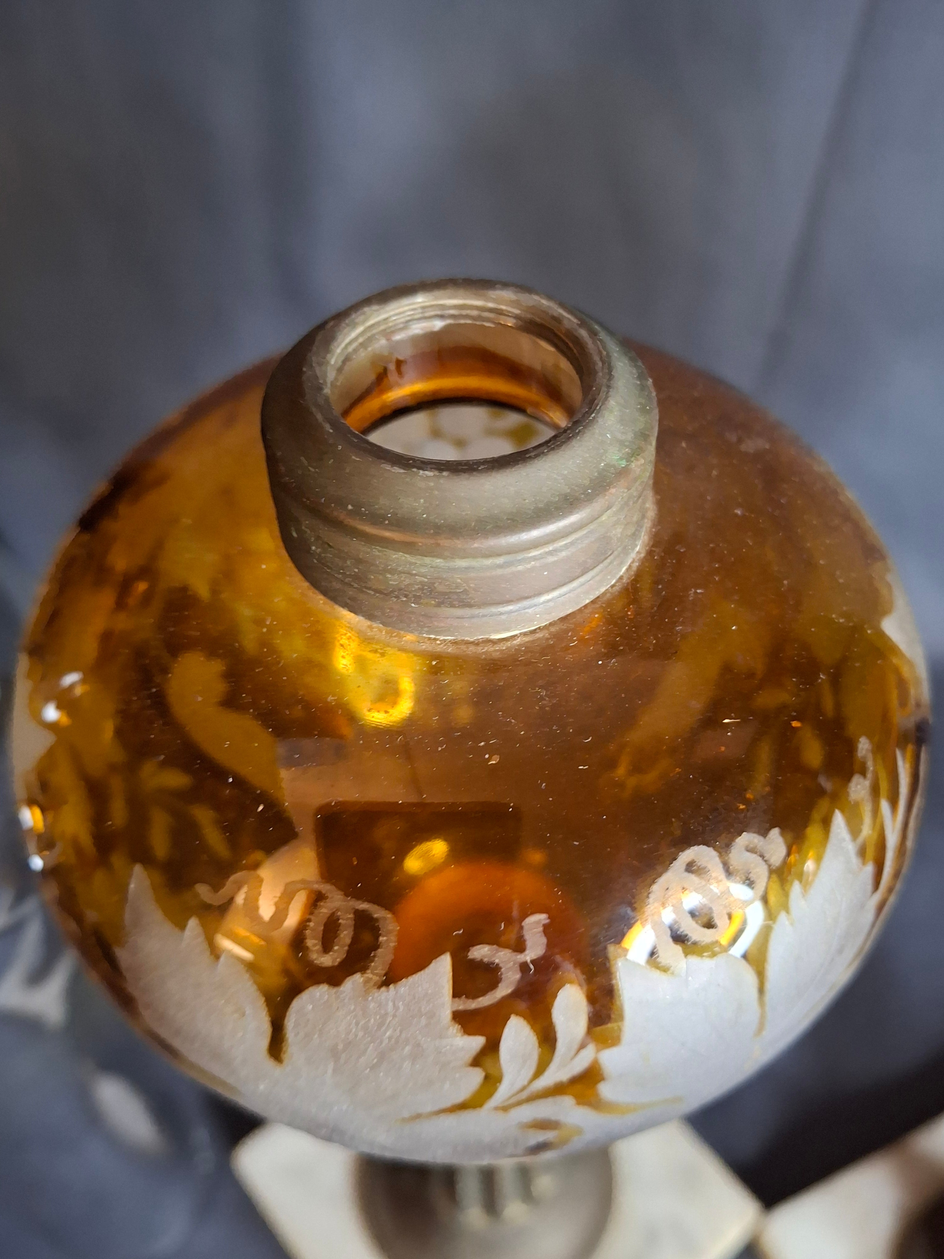Antique Matching Pair 19th Century Amber Glass Kerosene Lamps Grape Pattern Marble Base