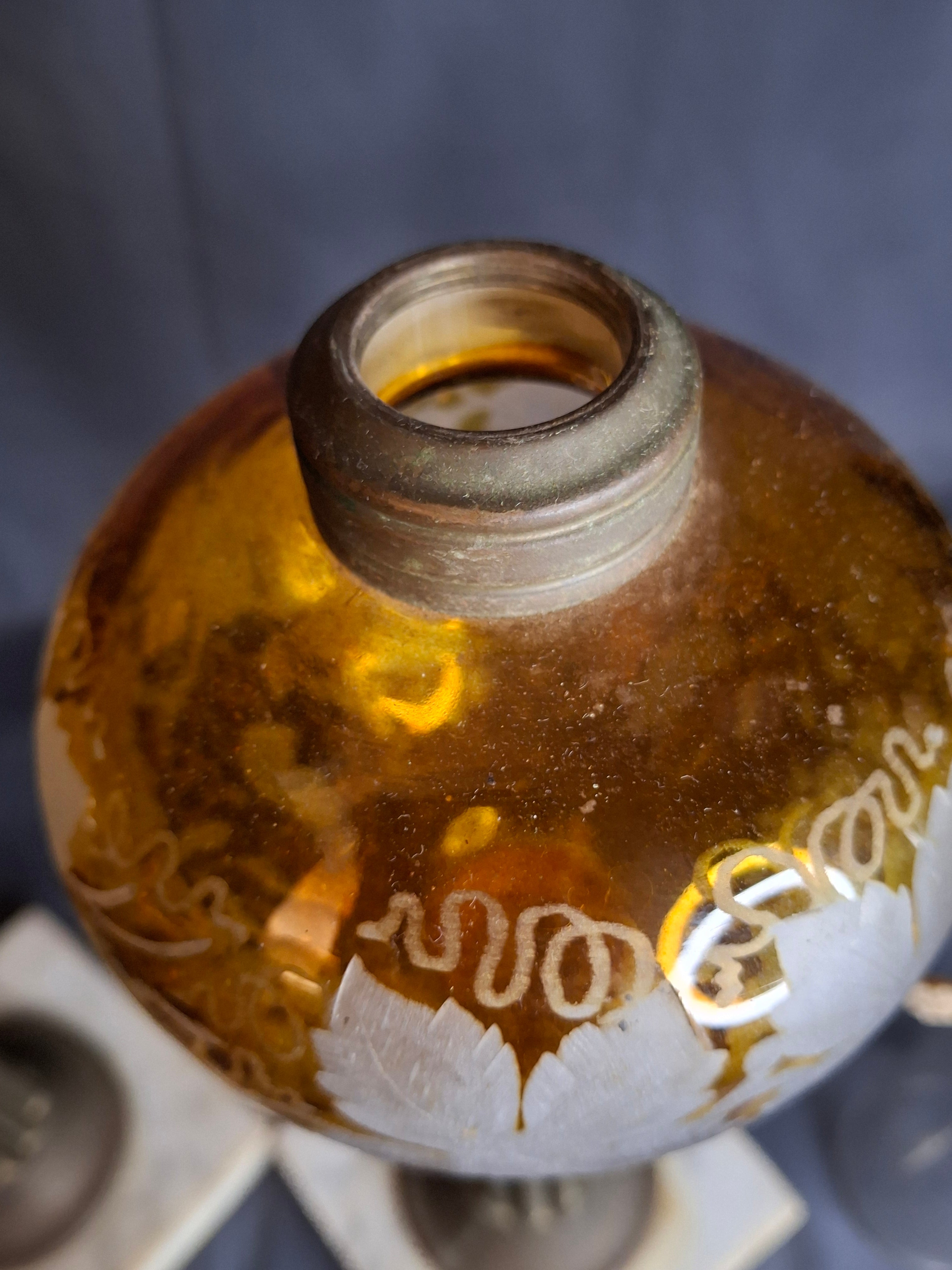 Antique Matching Pair 19th Century Amber Glass Kerosene Lamps Grape Pattern Marble Base