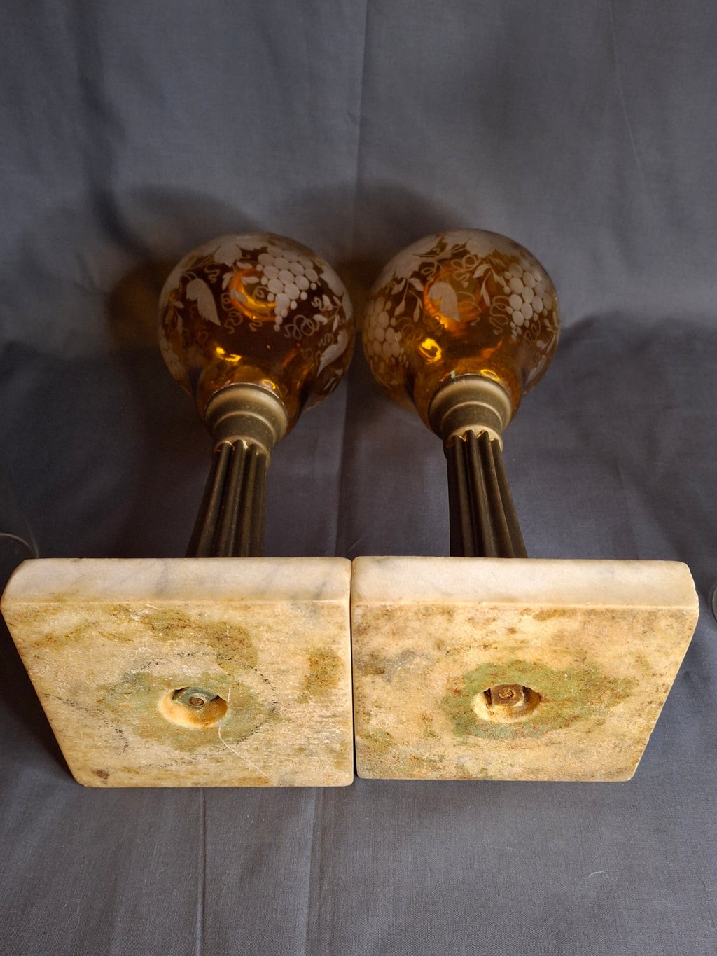 Antique Matching Pair 19th Century Amber Glass Kerosene Lamps Grape Pattern Marble Base