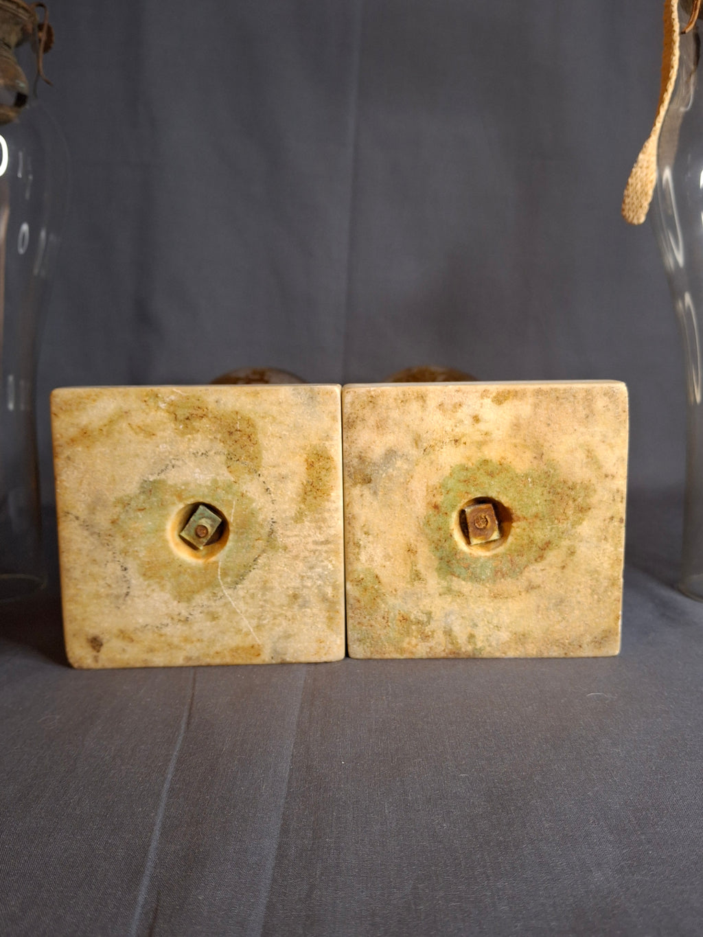 Antique Matching Pair 19th Century Amber Glass Kerosene Lamps Grape Pattern Marble Base