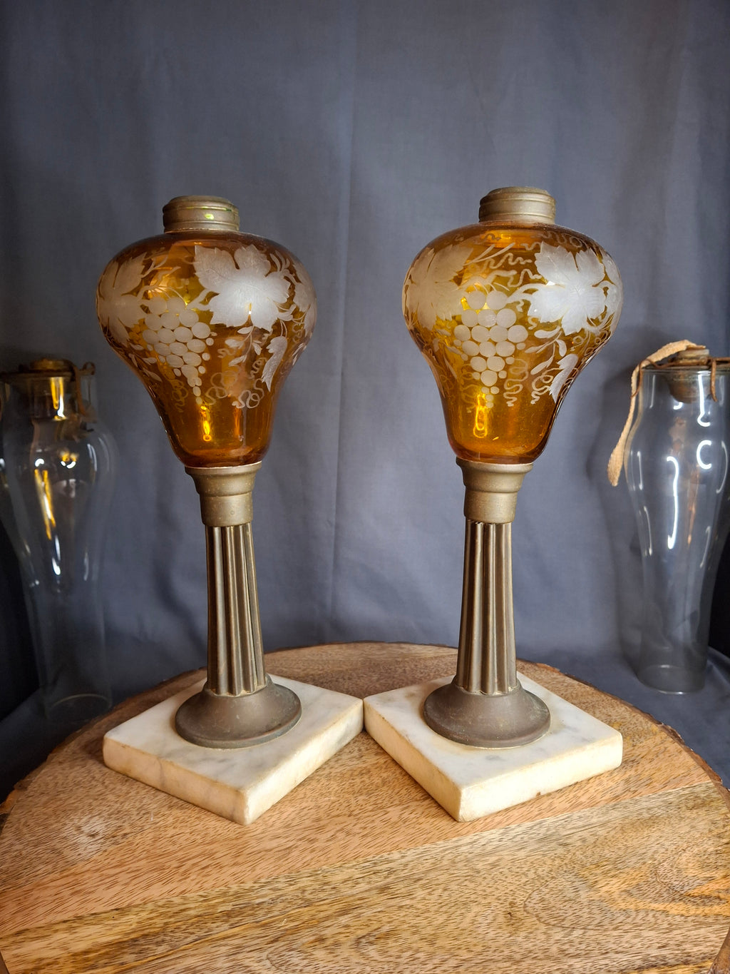 Antique Matching Pair 19th Century Amber Glass Kerosene Lamps Grape Pattern Marble Base