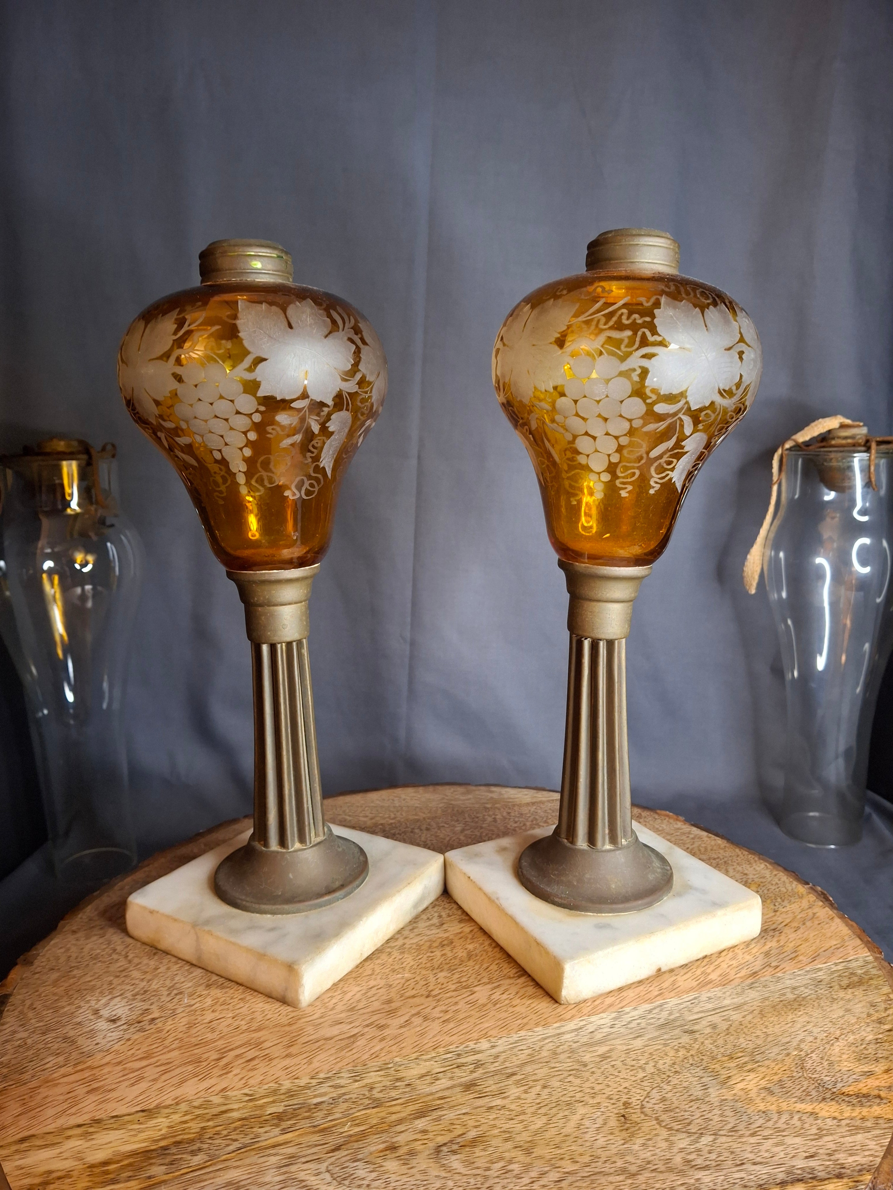 Antique Matching Pair 19th Century Amber Glass Kerosene Lamps Grape Pattern Marble Base