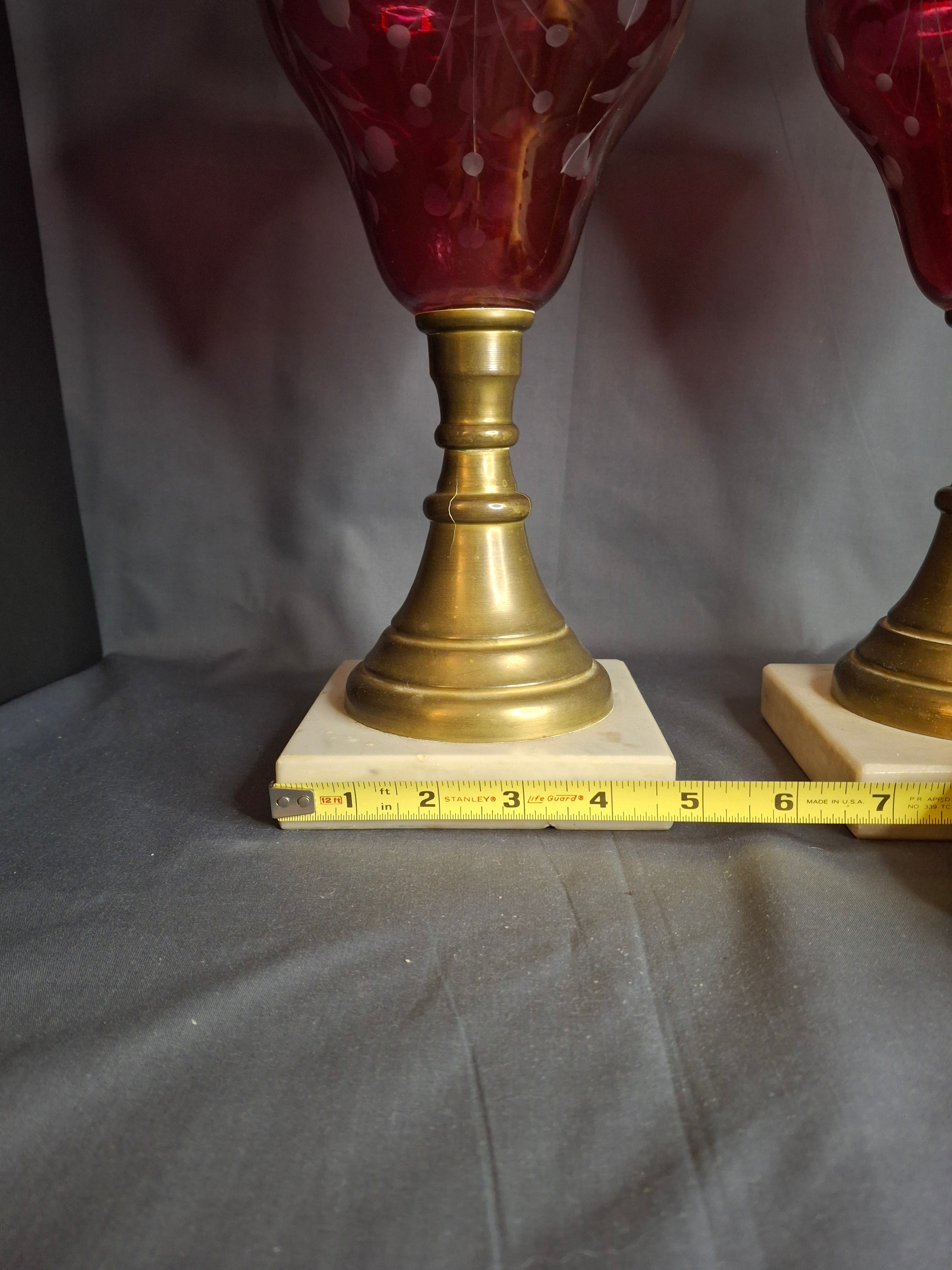 Matching Pair Antique Bohemian Cranberry Cut-to-Clear Kerosene Lamps Marble Base P&A Eagle 1850s
