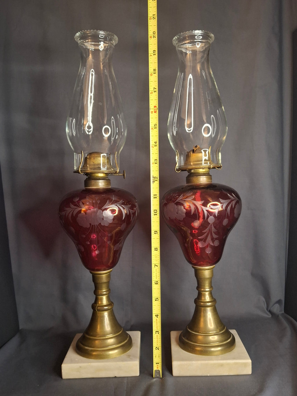 Matching Pair Antique Bohemian Cranberry Cut-to-Clear Kerosene Lamps Marble Base P&A Eagle 1850s