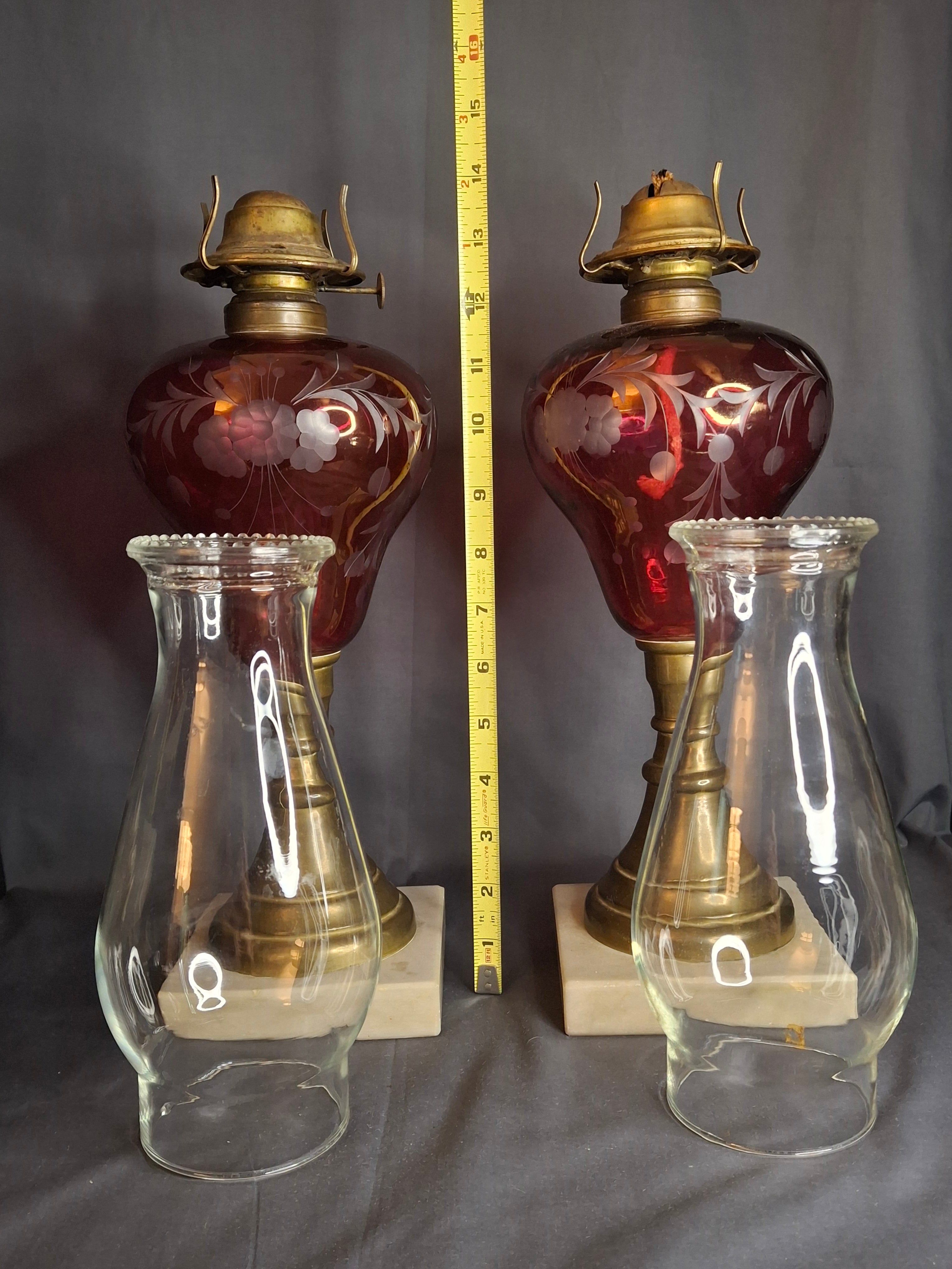Matching Pair Antique Bohemian Cranberry Cut-to-Clear Kerosene Lamps Marble Base P&A Eagle 1850s