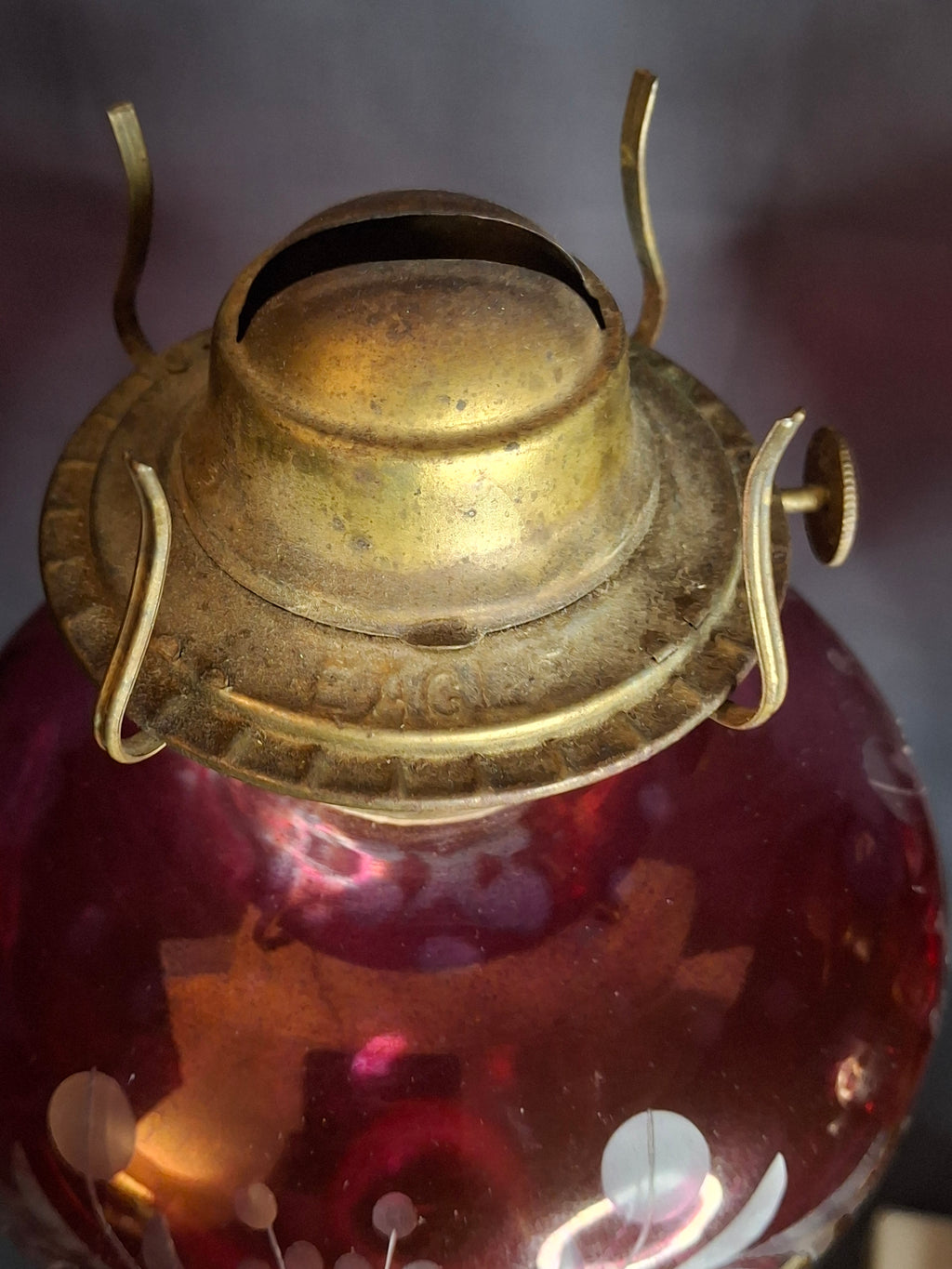 Matching Pair Antique Bohemian Cranberry Cut-to-Clear Kerosene Lamps Marble Base P&A Eagle 1850s