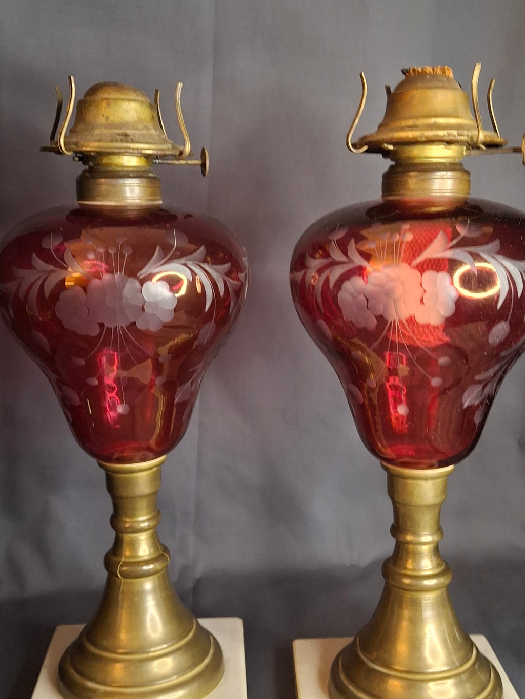 Matching Pair Antique Bohemian Cranberry Cut-to-Clear Kerosene Lamps Marble Base P&A Eagle 1850s