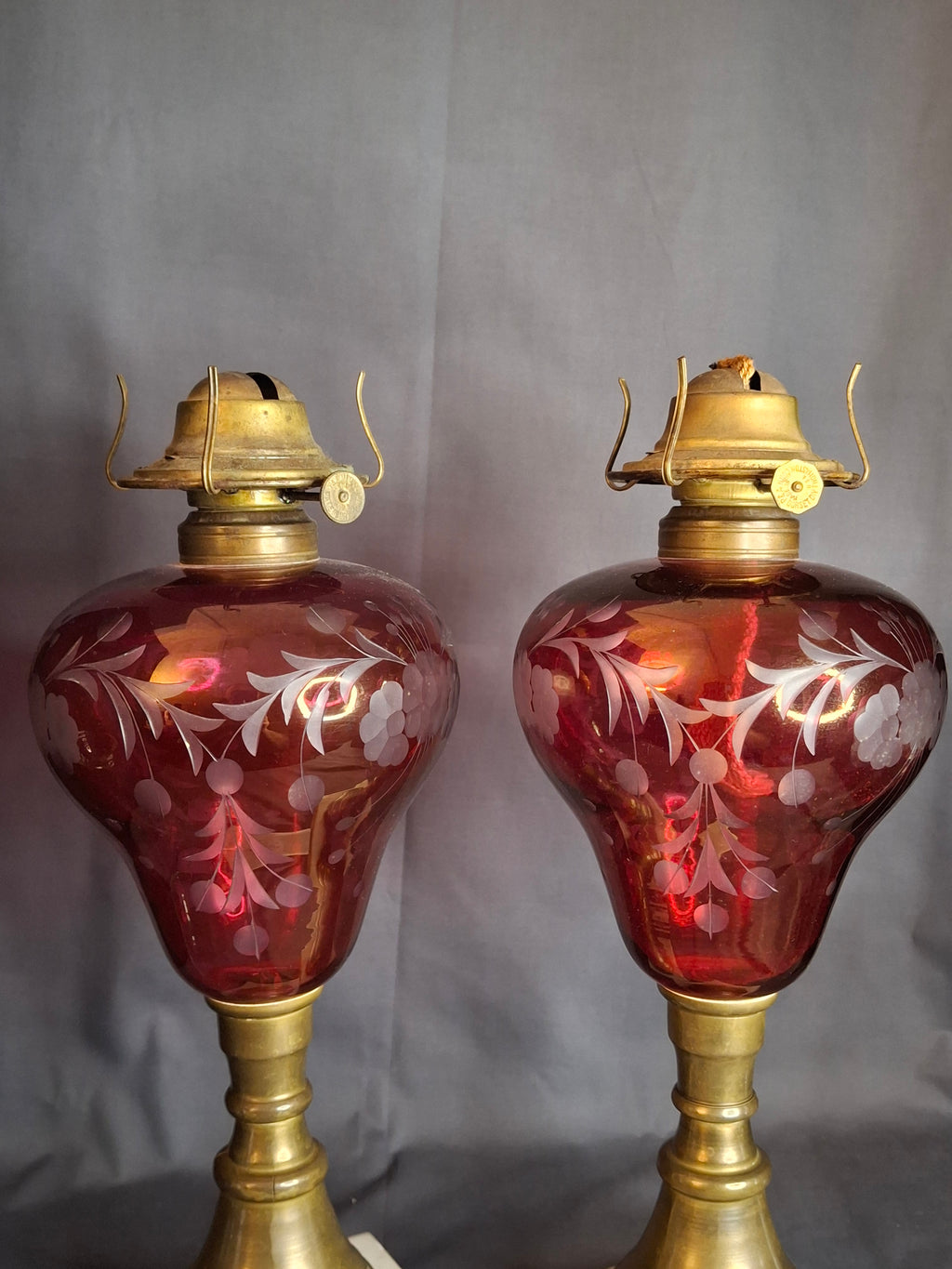 Matching Pair Antique Bohemian Cranberry Cut-to-Clear Kerosene Lamps Marble Base P&A Eagle 1850s