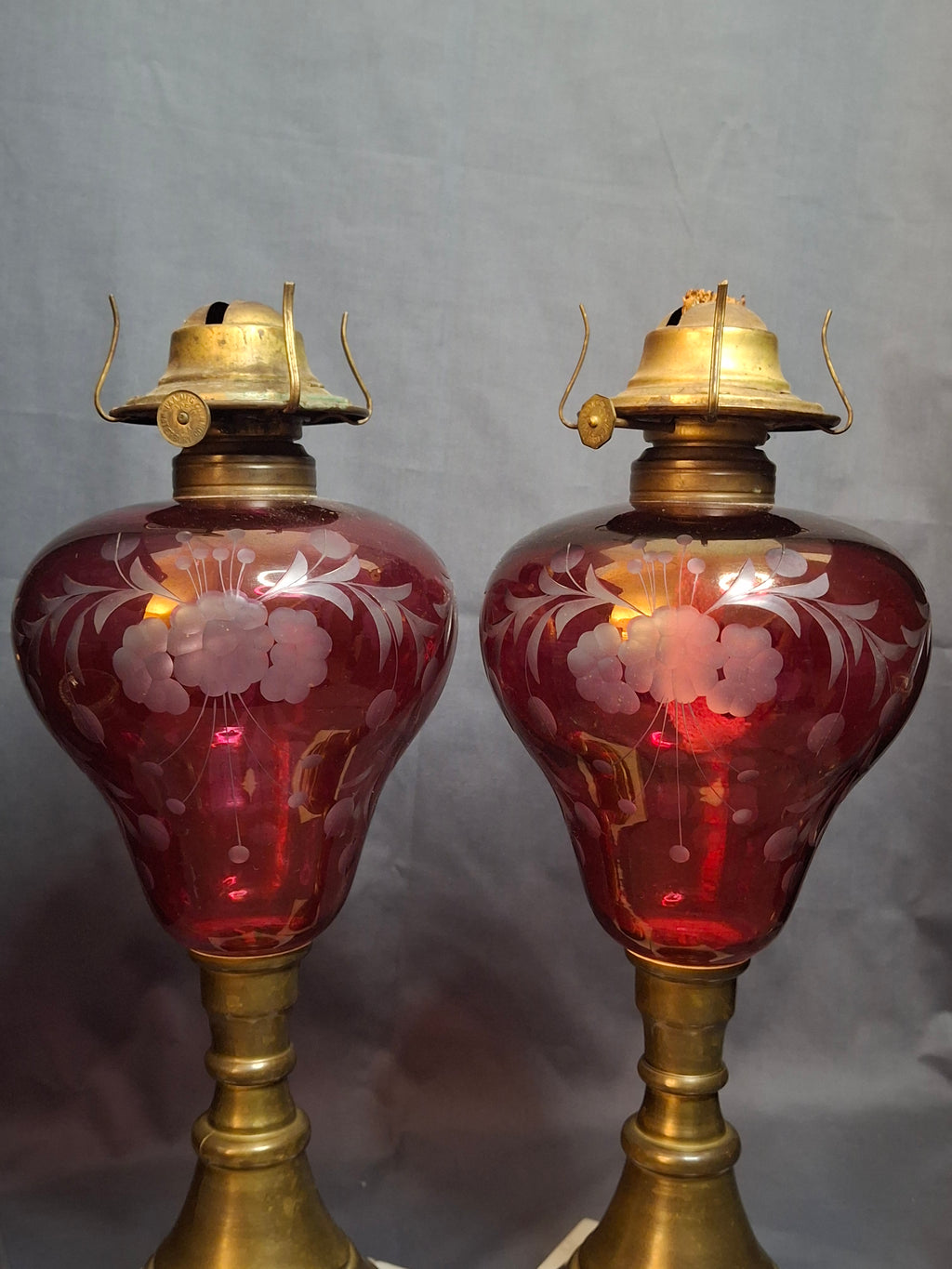 Matching Pair Antique Bohemian Cranberry Cut-to-Clear Kerosene Lamps Marble Base P&A Eagle 1850s