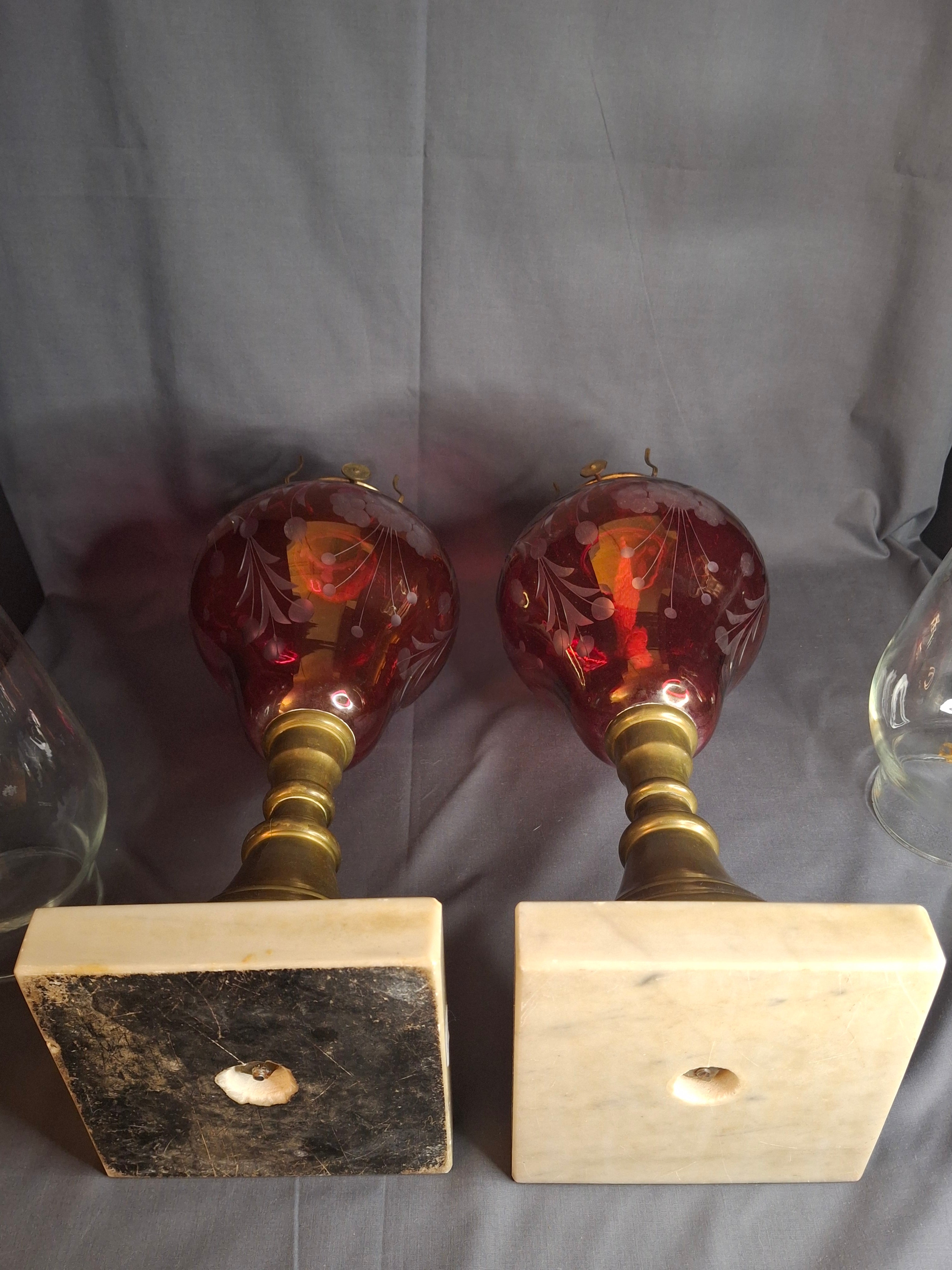Matching Pair Antique Bohemian Cranberry Cut-to-Clear Kerosene Lamps Marble Base P&A Eagle 1850s