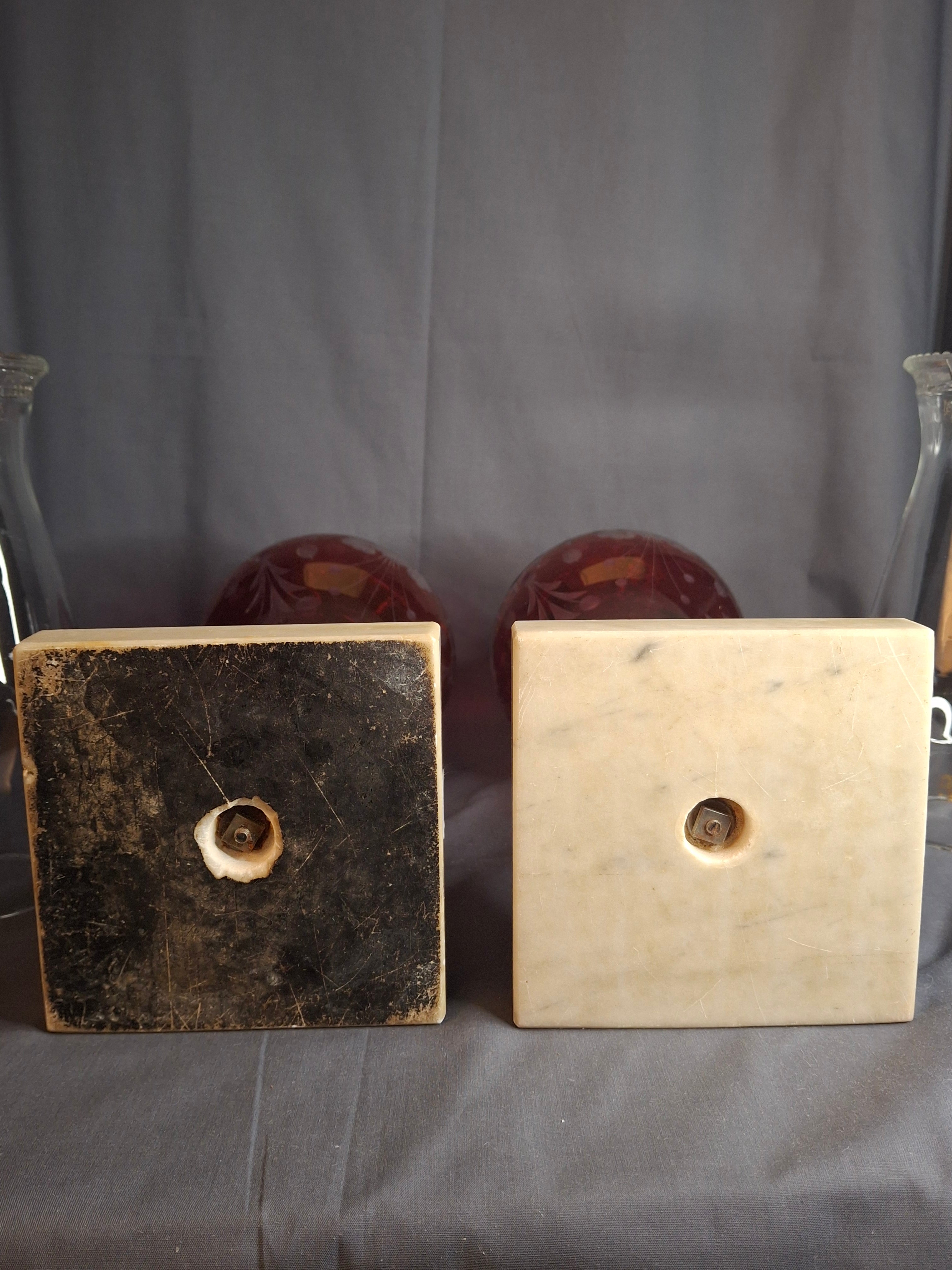 Matching Pair Antique Bohemian Cranberry Cut-to-Clear Kerosene Lamps Marble Base P&A Eagle 1850s