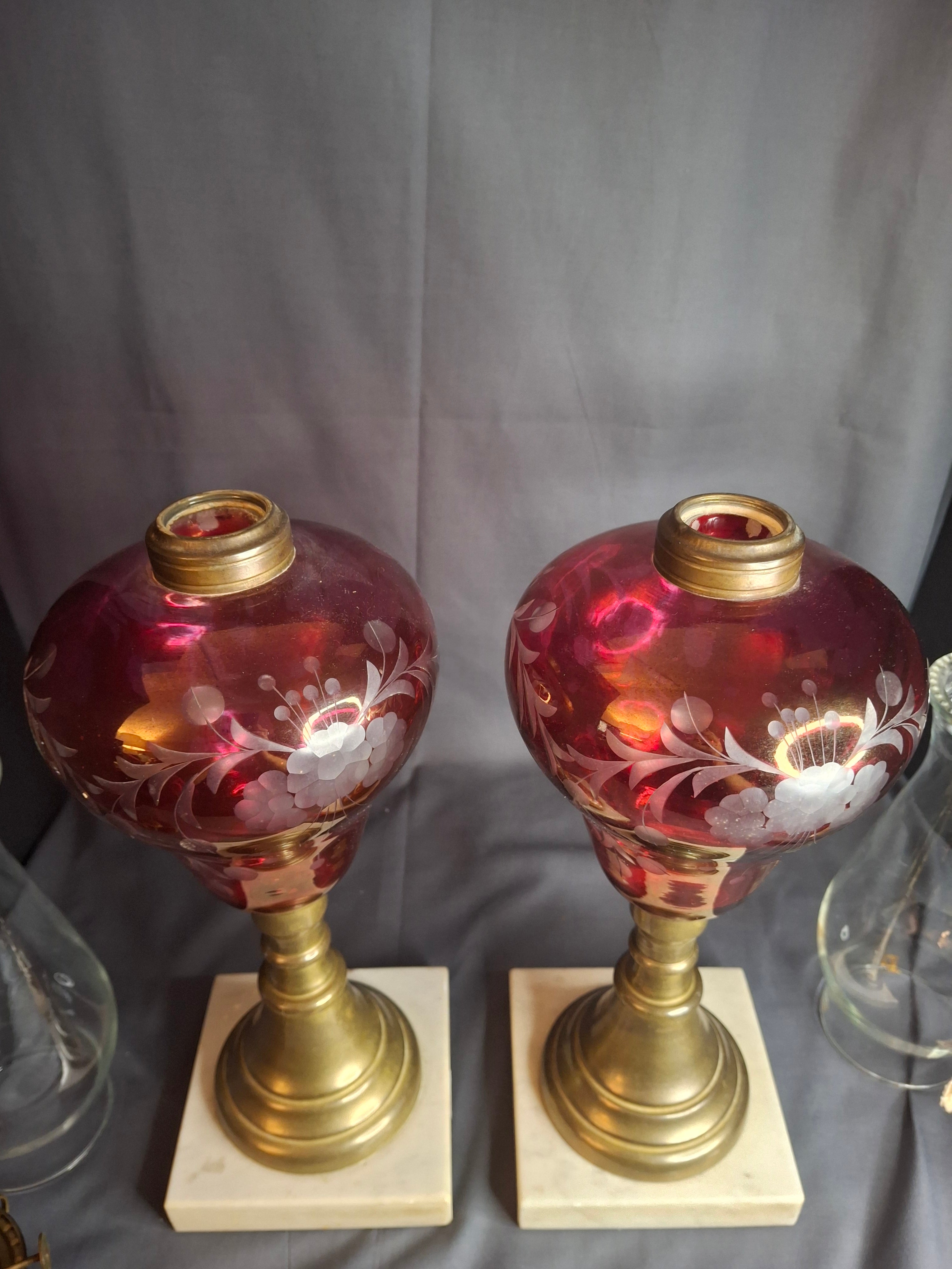 Matching Pair Antique Bohemian Cranberry Cut-to-Clear Kerosene Lamps Marble Base P&A Eagle 1850s