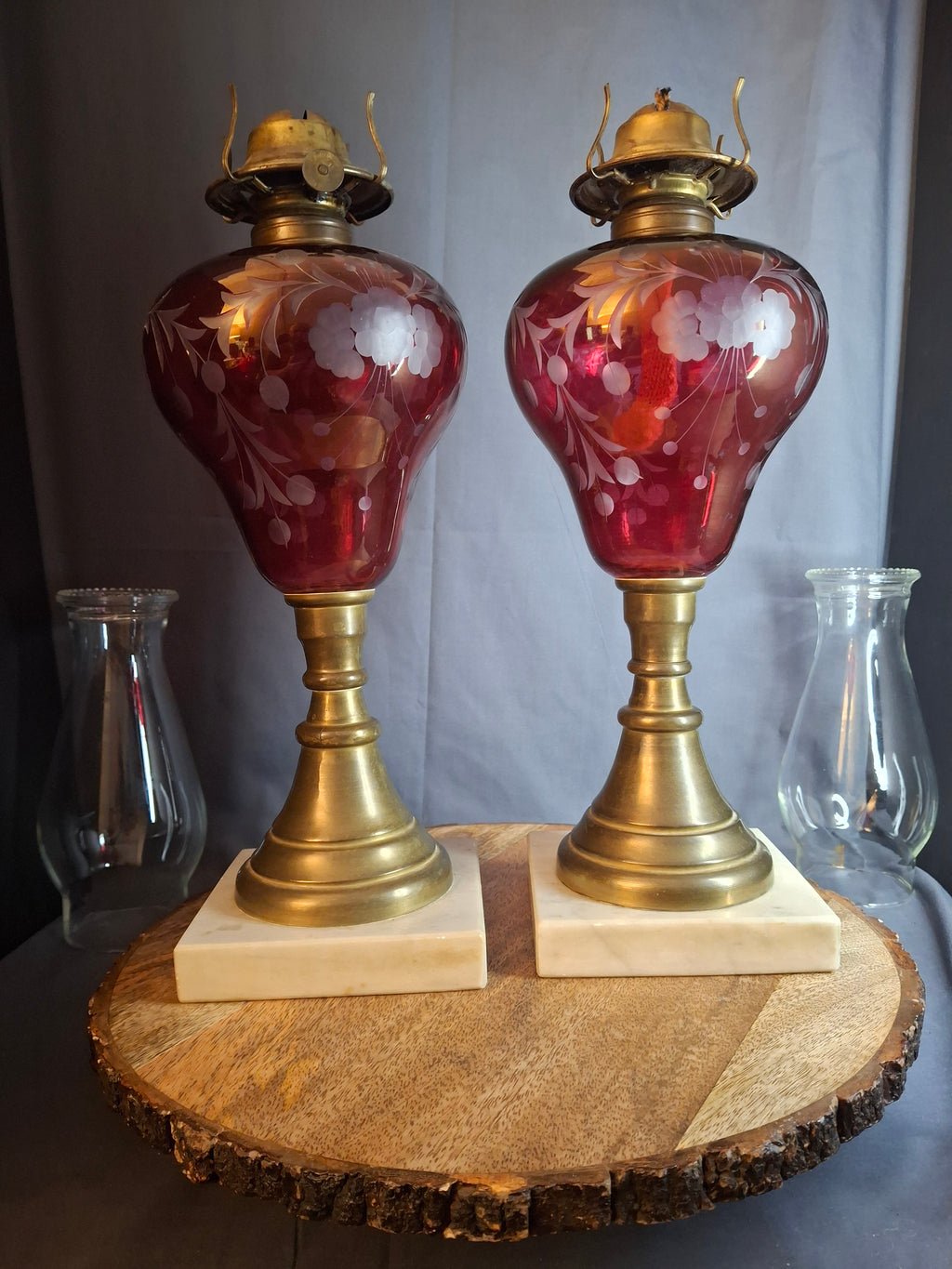 Matching Pair Antique Bohemian Cranberry Cut-to-Clear Kerosene Lamps Marble Base P&A Eagle 1850s