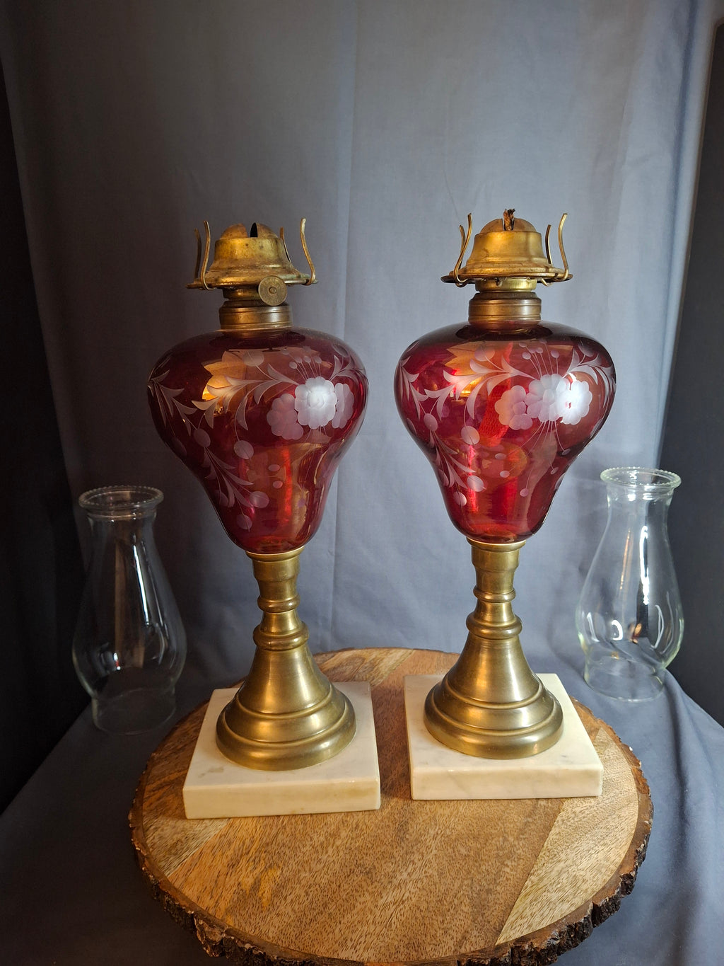 Matching Pair Antique Bohemian Cranberry Cut-to-Clear Kerosene Lamps Marble Base P&A Eagle 1850s