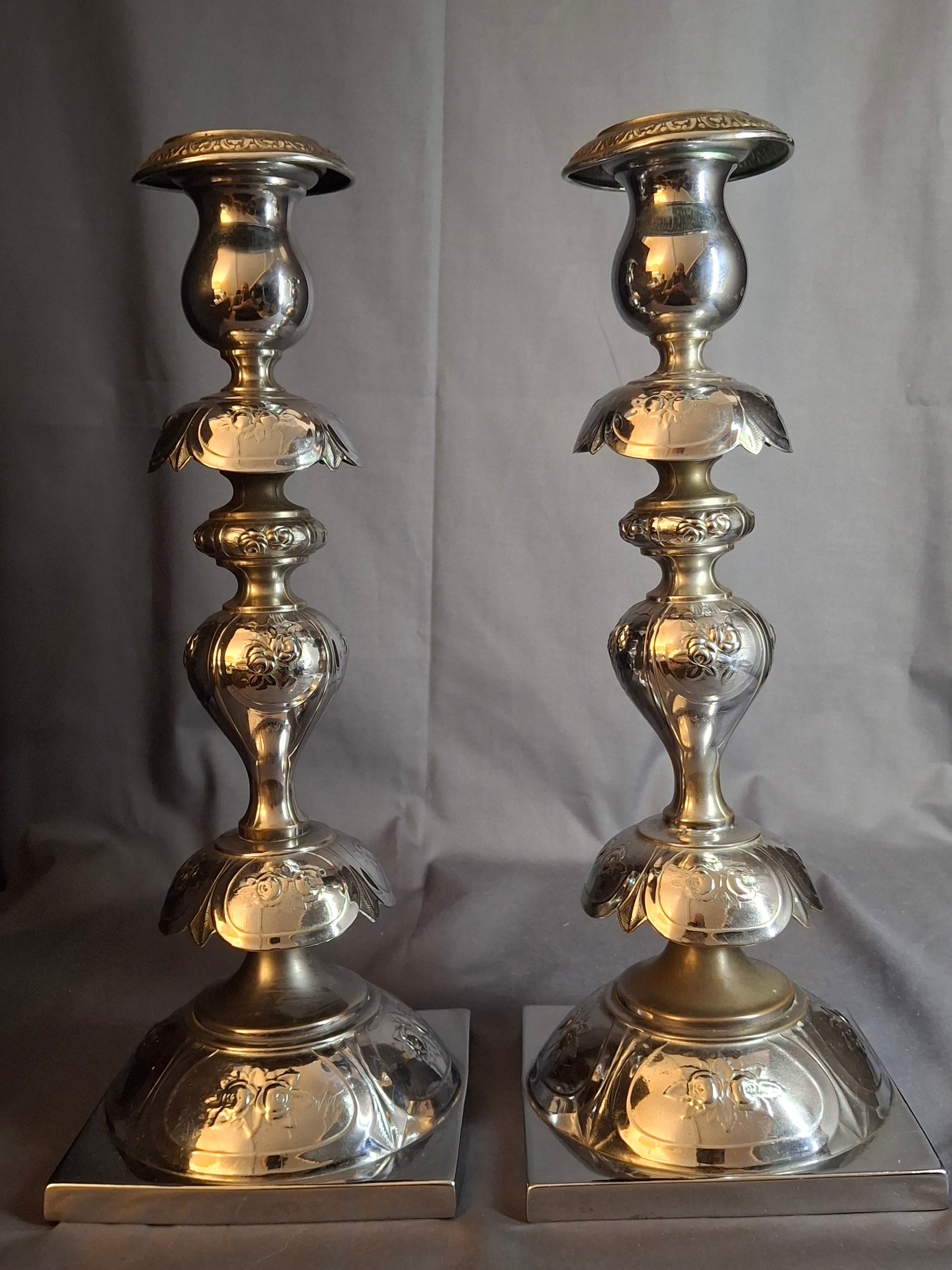 Antique Norblin Warszawa Silverplate Shabbat Candlesticks 12" Rose Judaica Pair 1890
