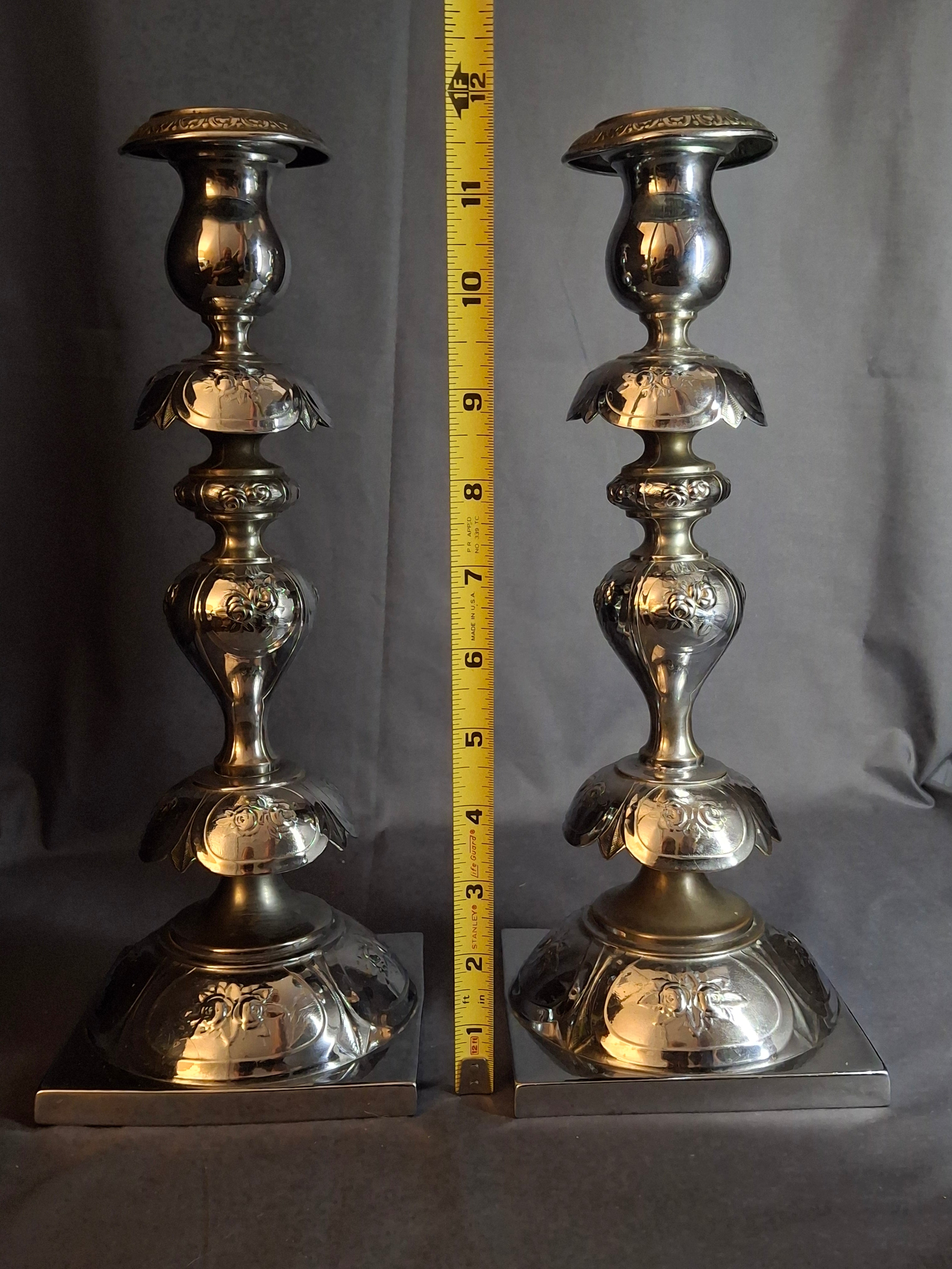 Antique Norblin Warszawa Silverplate Shabbat Candlesticks 12" Rose Judaica Pair 1890