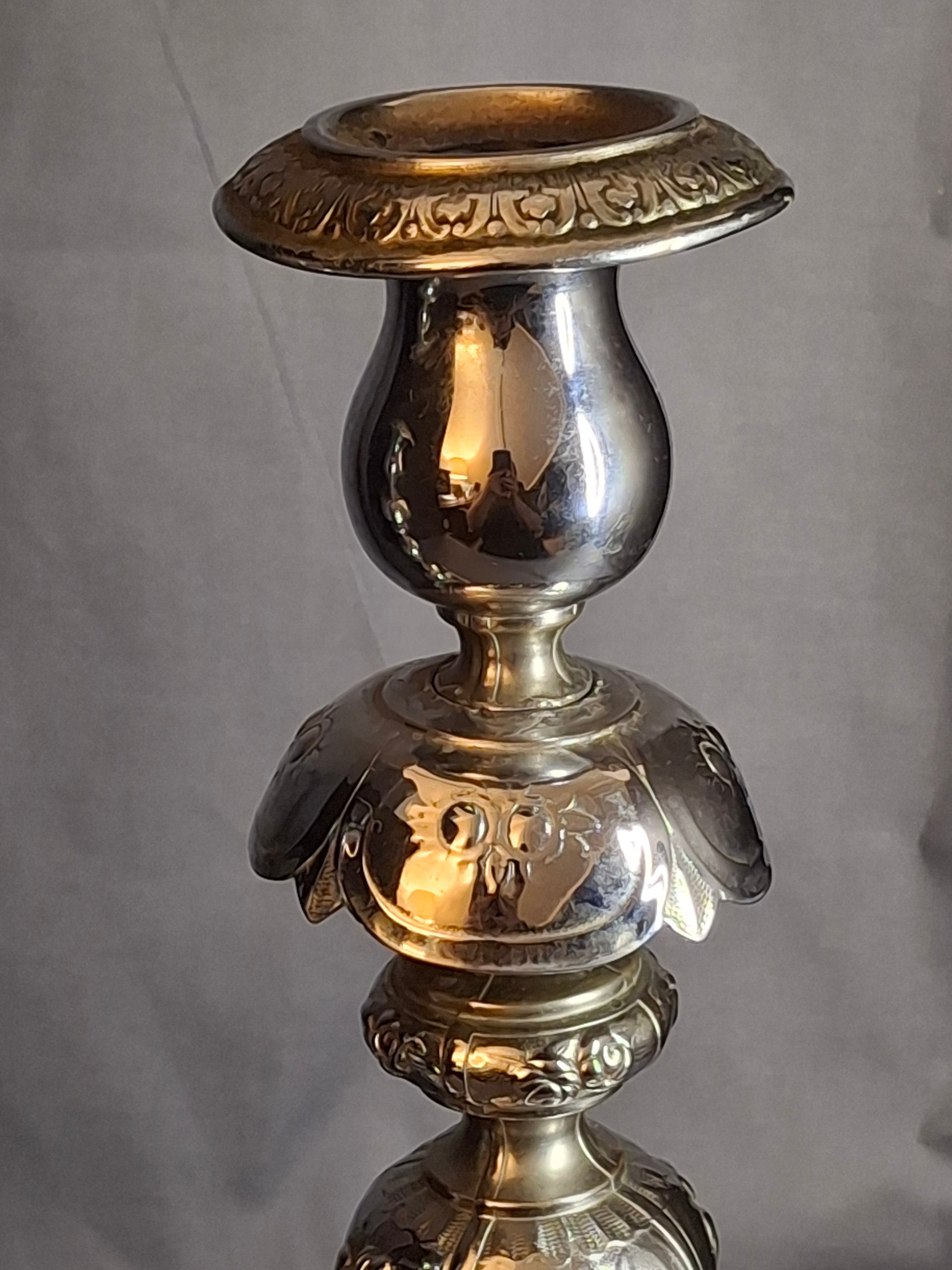 Antique Norblin Warszawa Silverplate Shabbat Candlesticks 12" Rose Judaica Pair 1890
