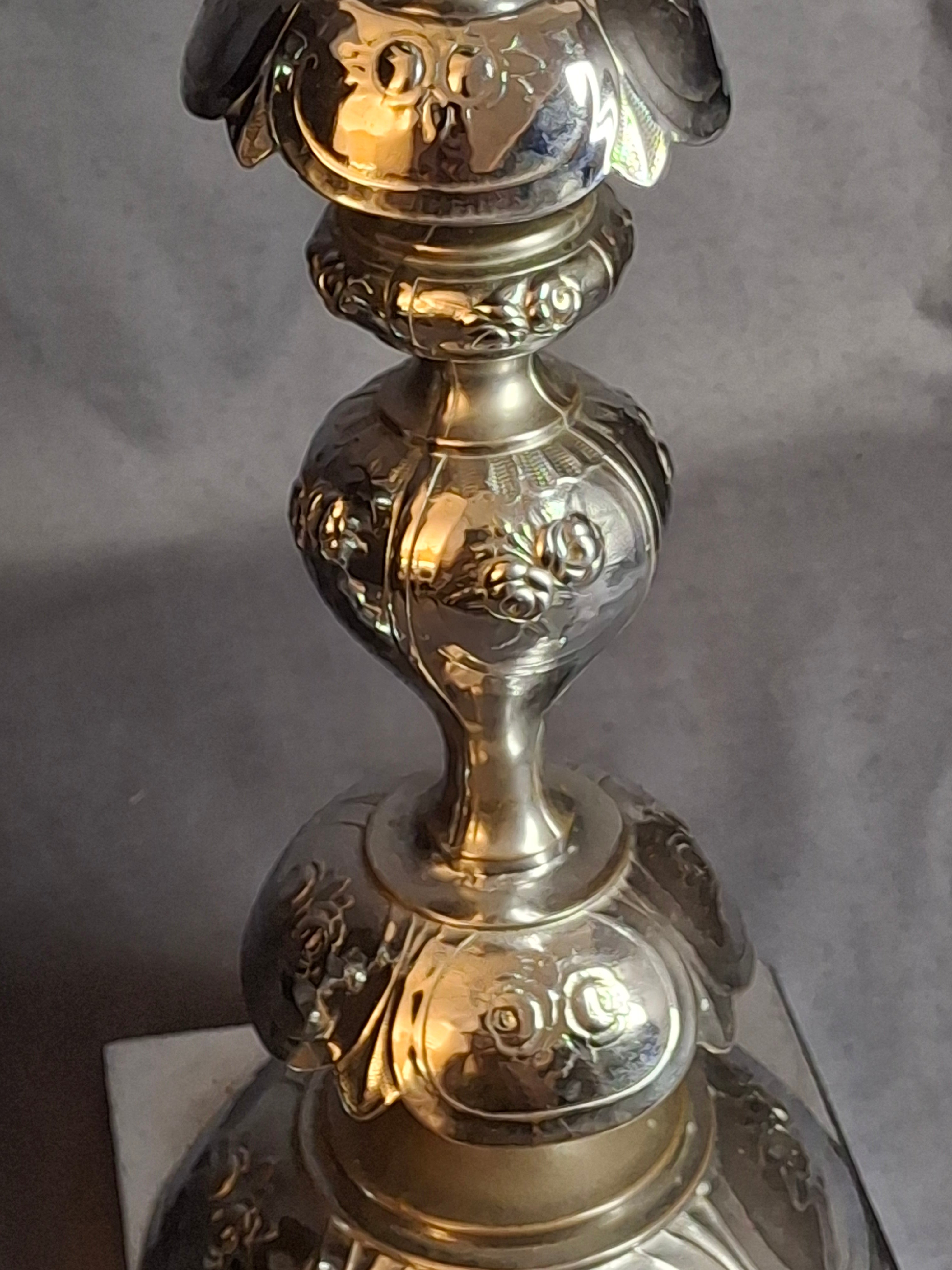 Antique Norblin Warszawa Silverplate Shabbat Candlesticks 12" Rose Judaica Pair 1890
