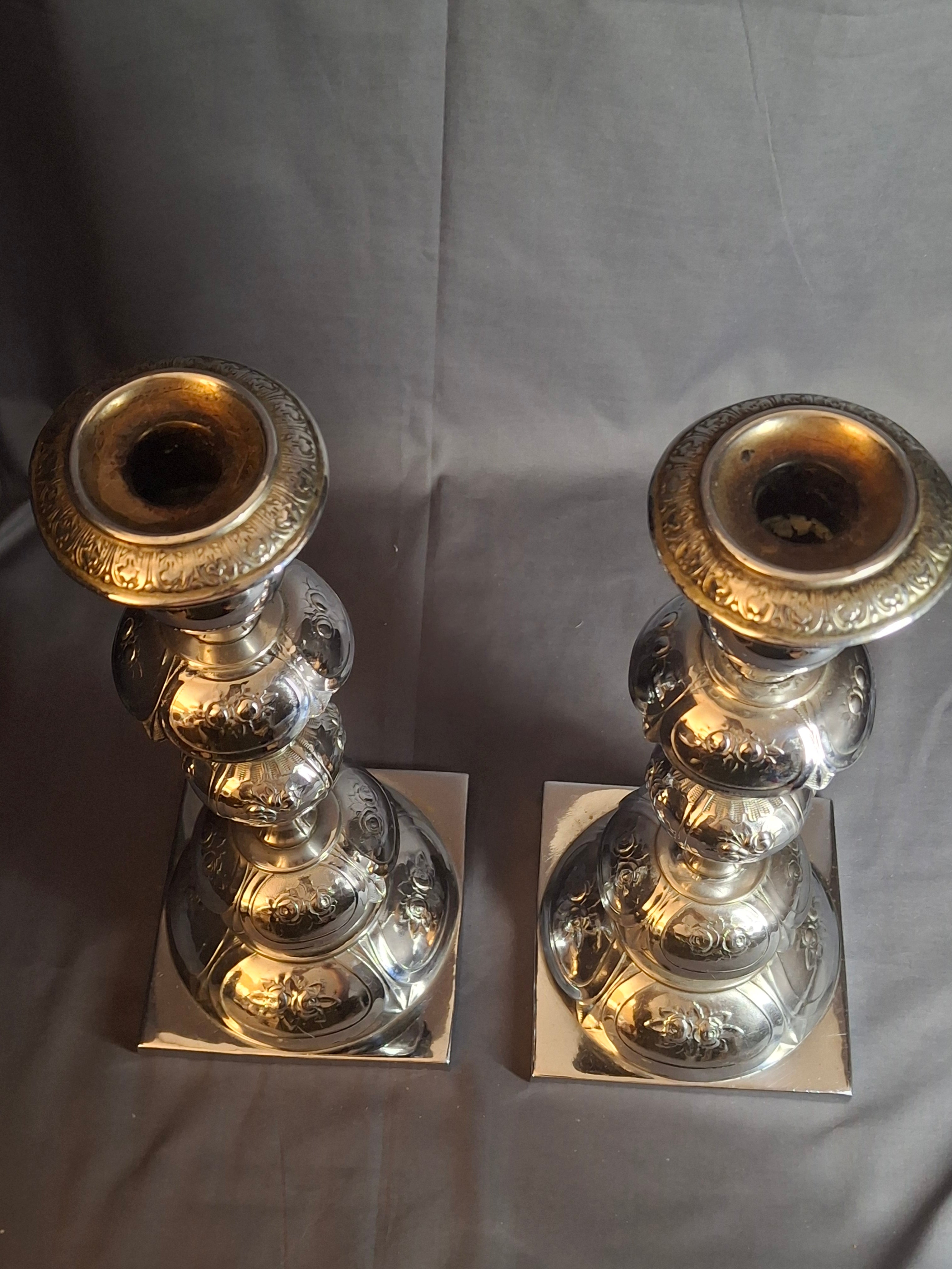 Antique Norblin Warszawa Silverplate Shabbat Candlesticks 12" Rose Judaica Pair 1890