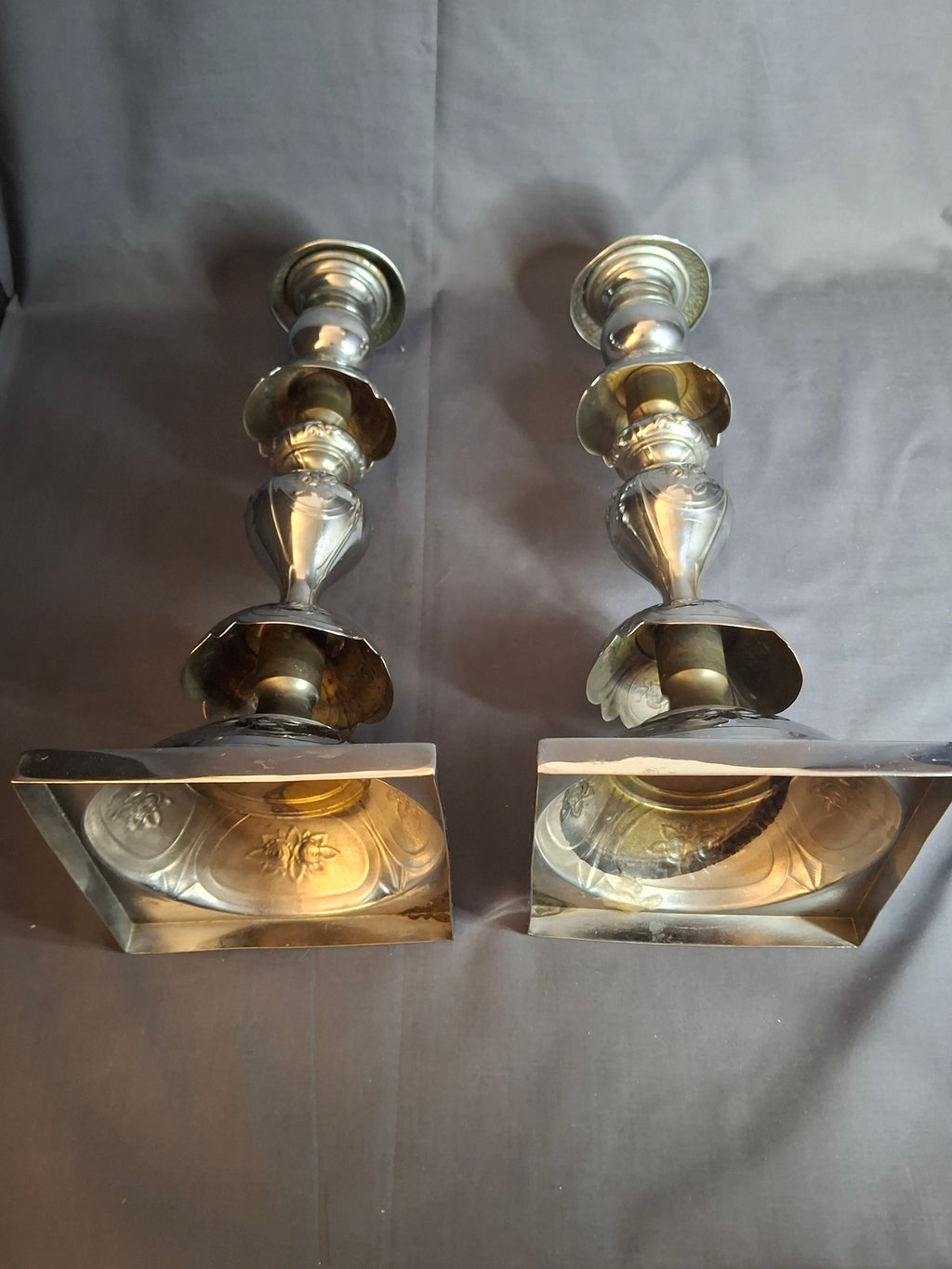 Antique Norblin Warszawa Silverplate Shabbat Candlesticks 12" Rose Judaica Pair 1890