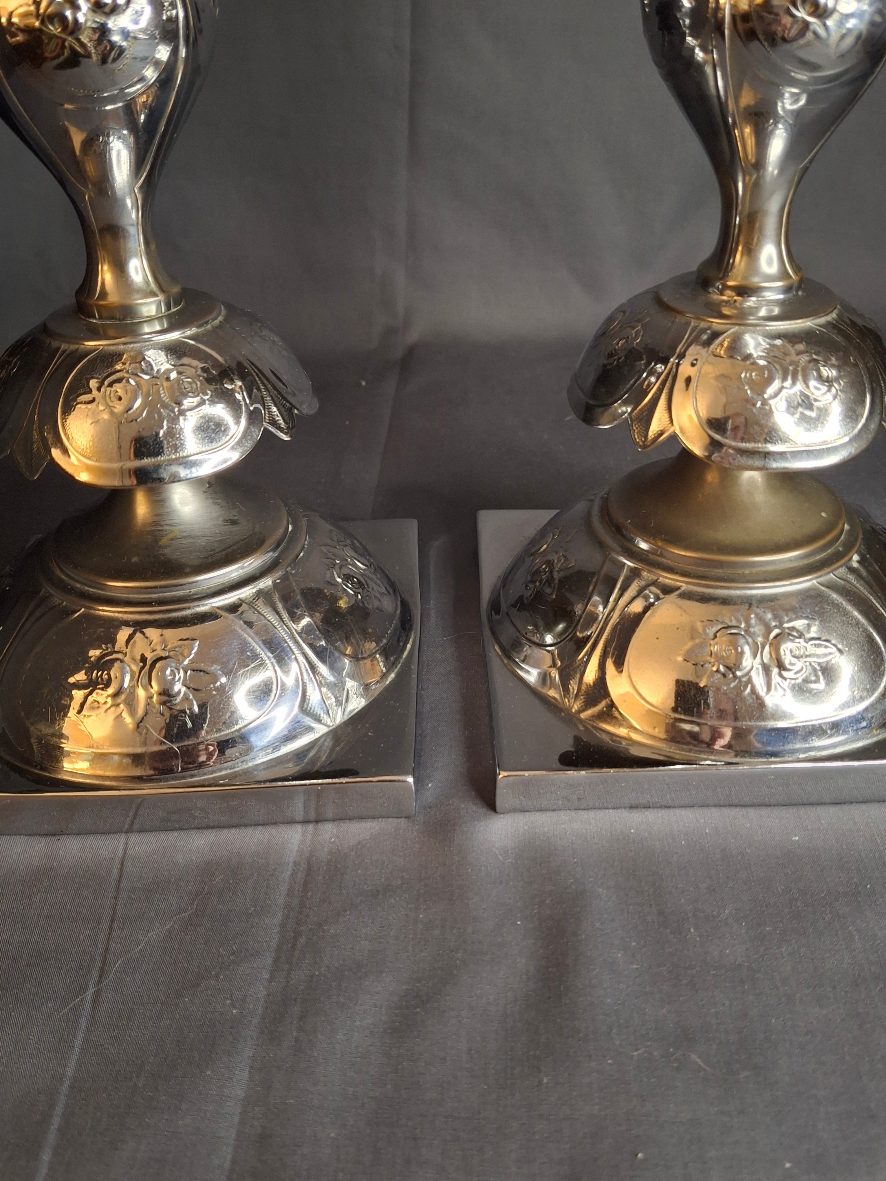 Antique Norblin Warszawa Silverplate Shabbat Candlesticks 12" Rose Judaica Pair 1890