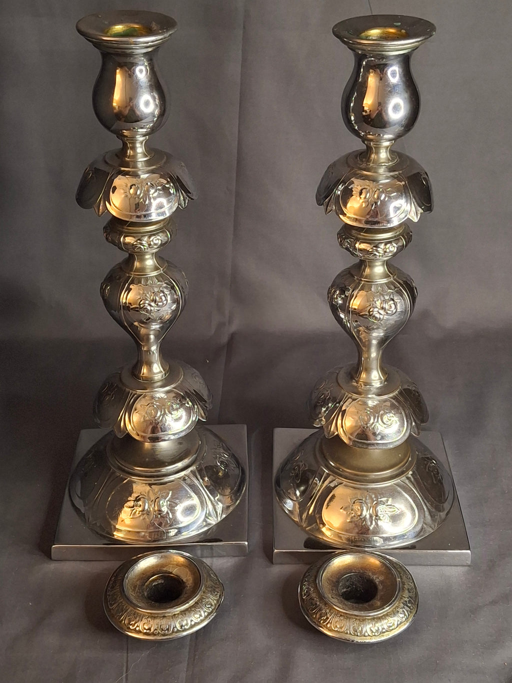 Antique Norblin Warszawa Silverplate Shabbat Candlesticks 12" Rose Judaica Pair 1890