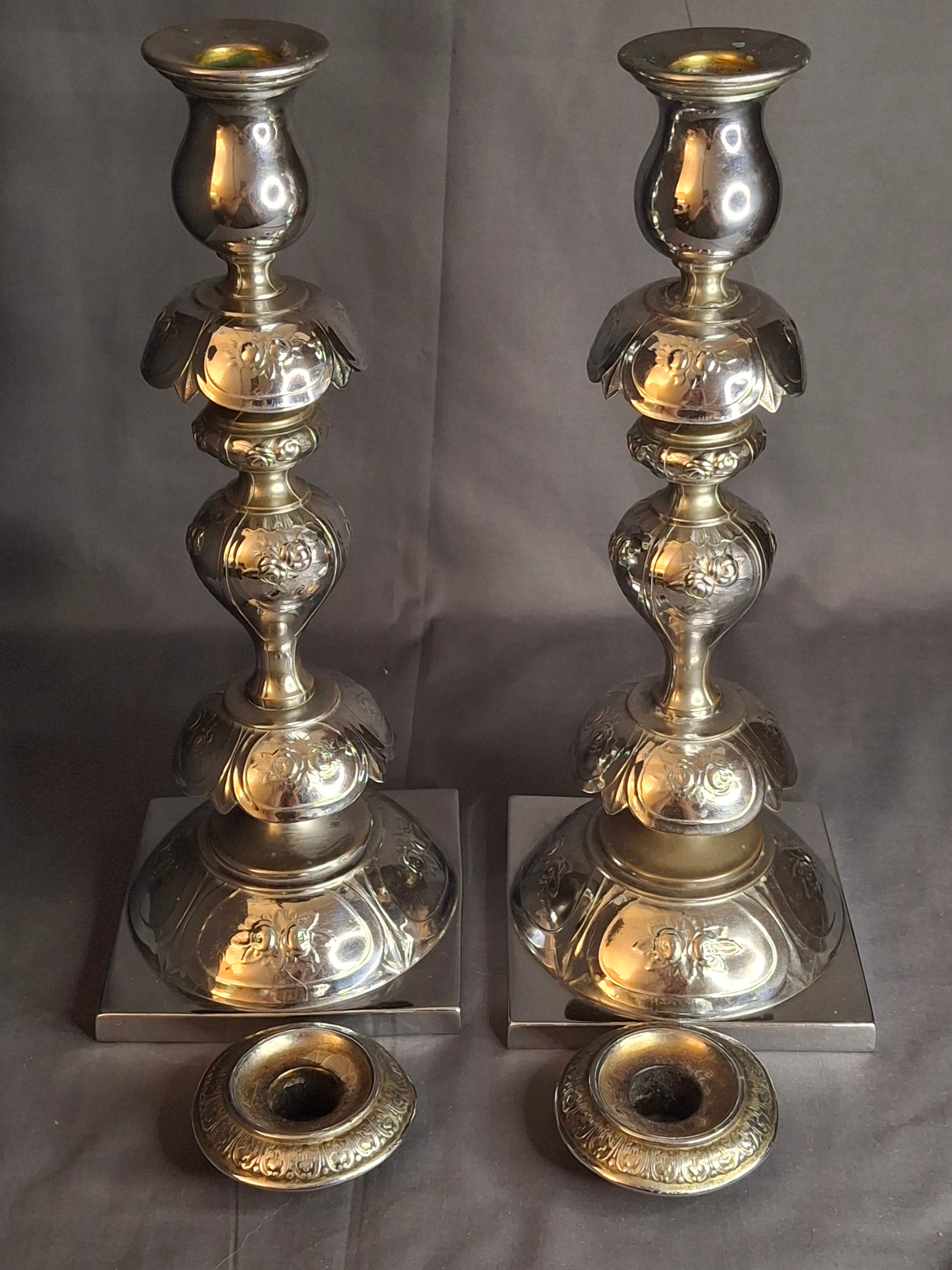 Antique Norblin Warszawa Silverplate Shabbat Candlesticks 12" Rose Judaica Pair 1890