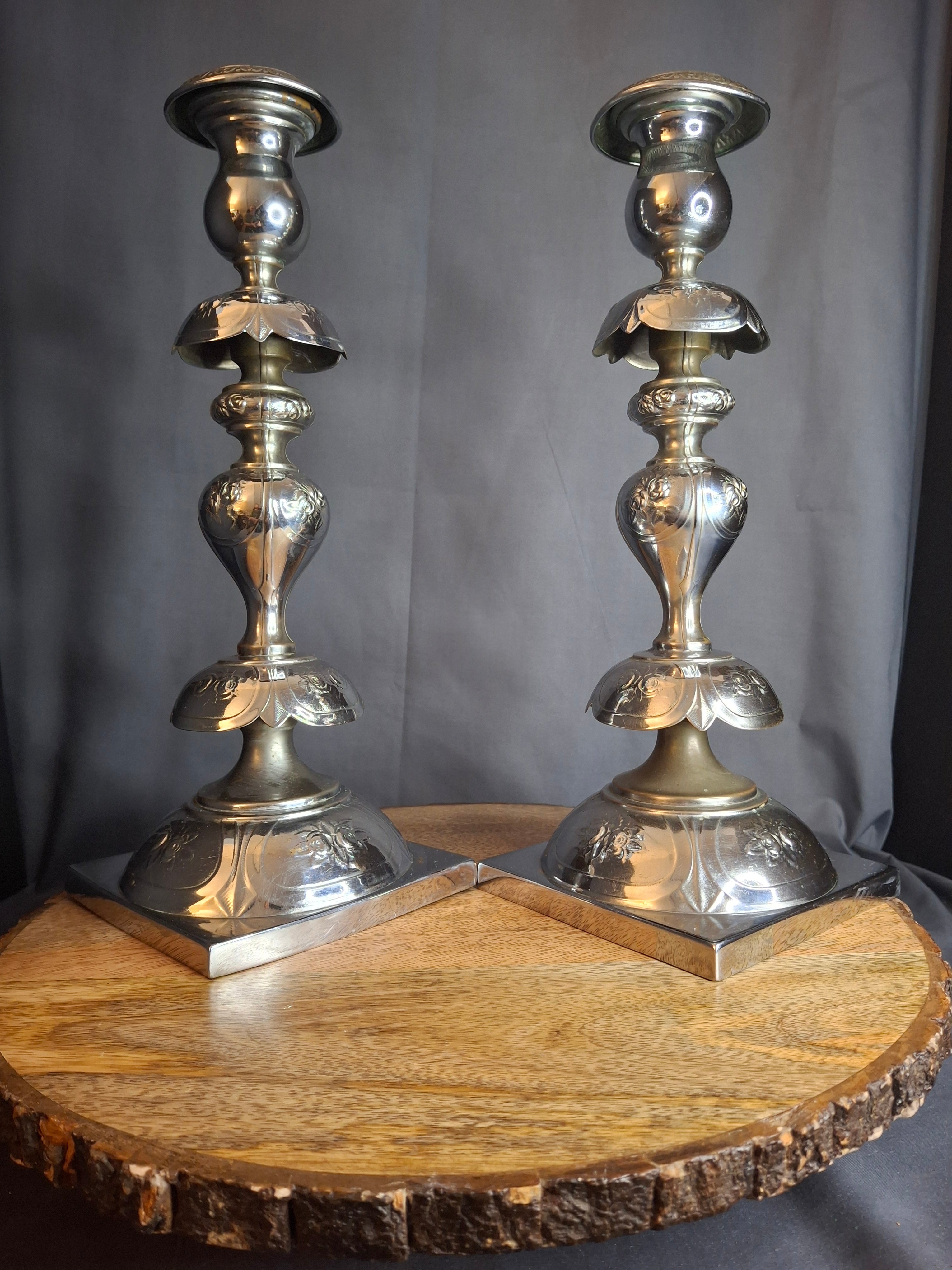 Antique Norblin Warszawa Silverplate Shabbat Candlesticks 12" Rose Judaica Pair 1890