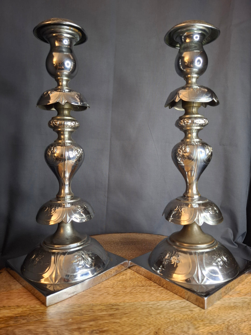Antique Norblin Warszawa Silverplate Shabbat Candlesticks 12" Rose Judaica Pair 1890