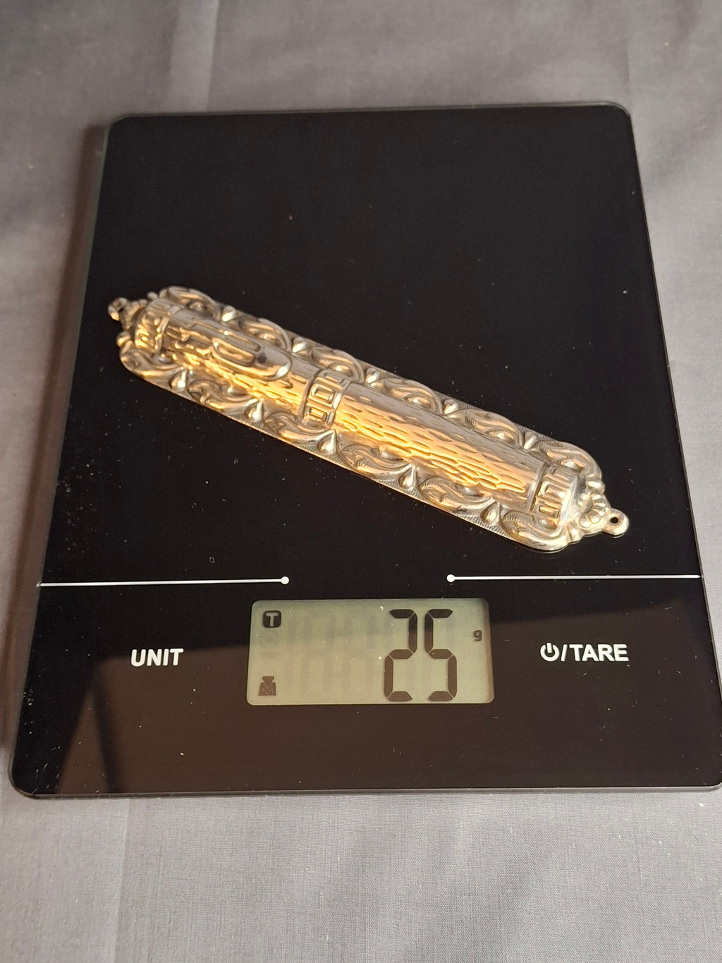 Sterling Silver 925 Repousse Mezuzah Case 6" Bark & Scrollwork