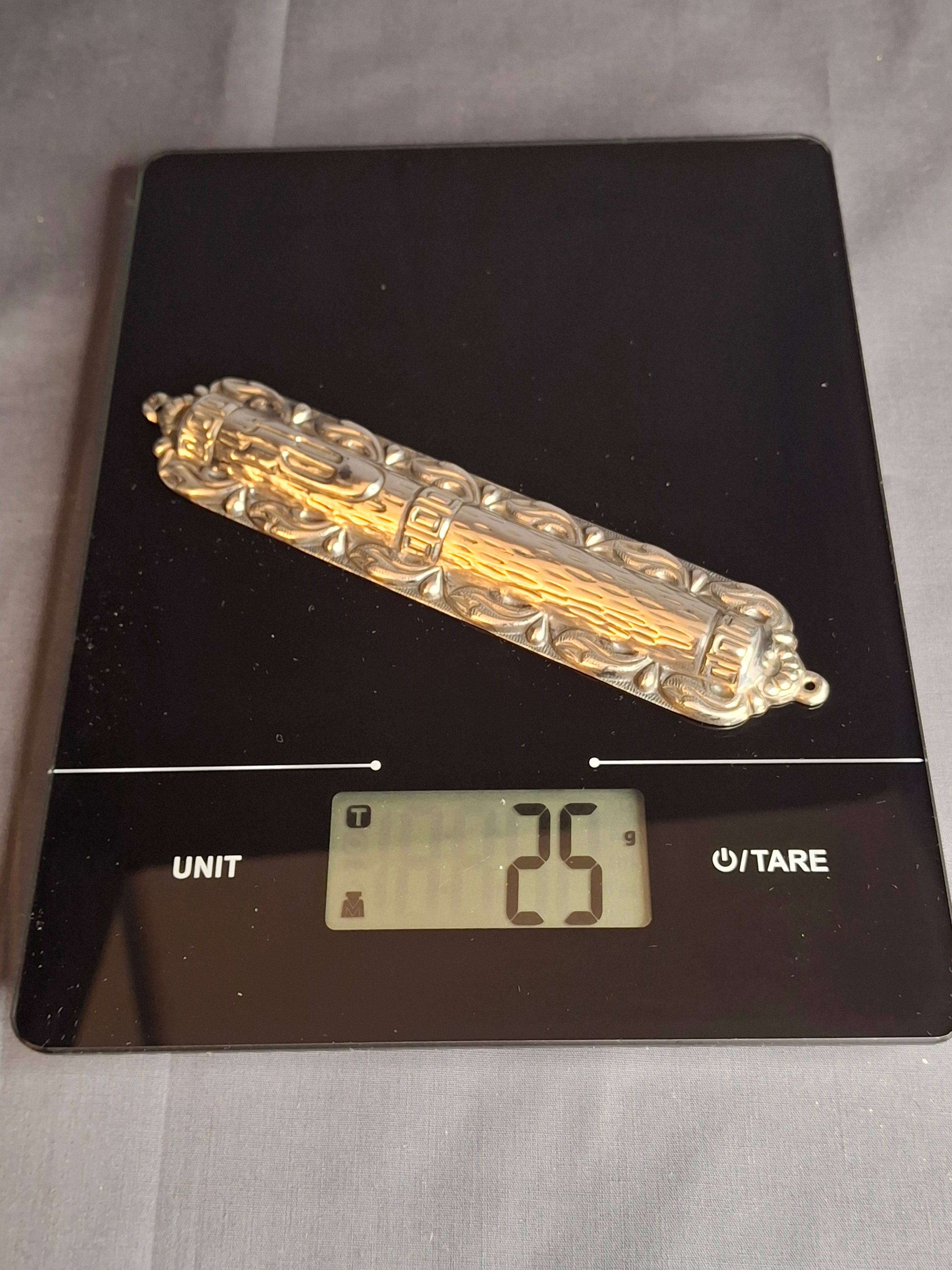 Sterling Silver 925 Repousse Mezuzah Case 6" Bark & Scrollwork
