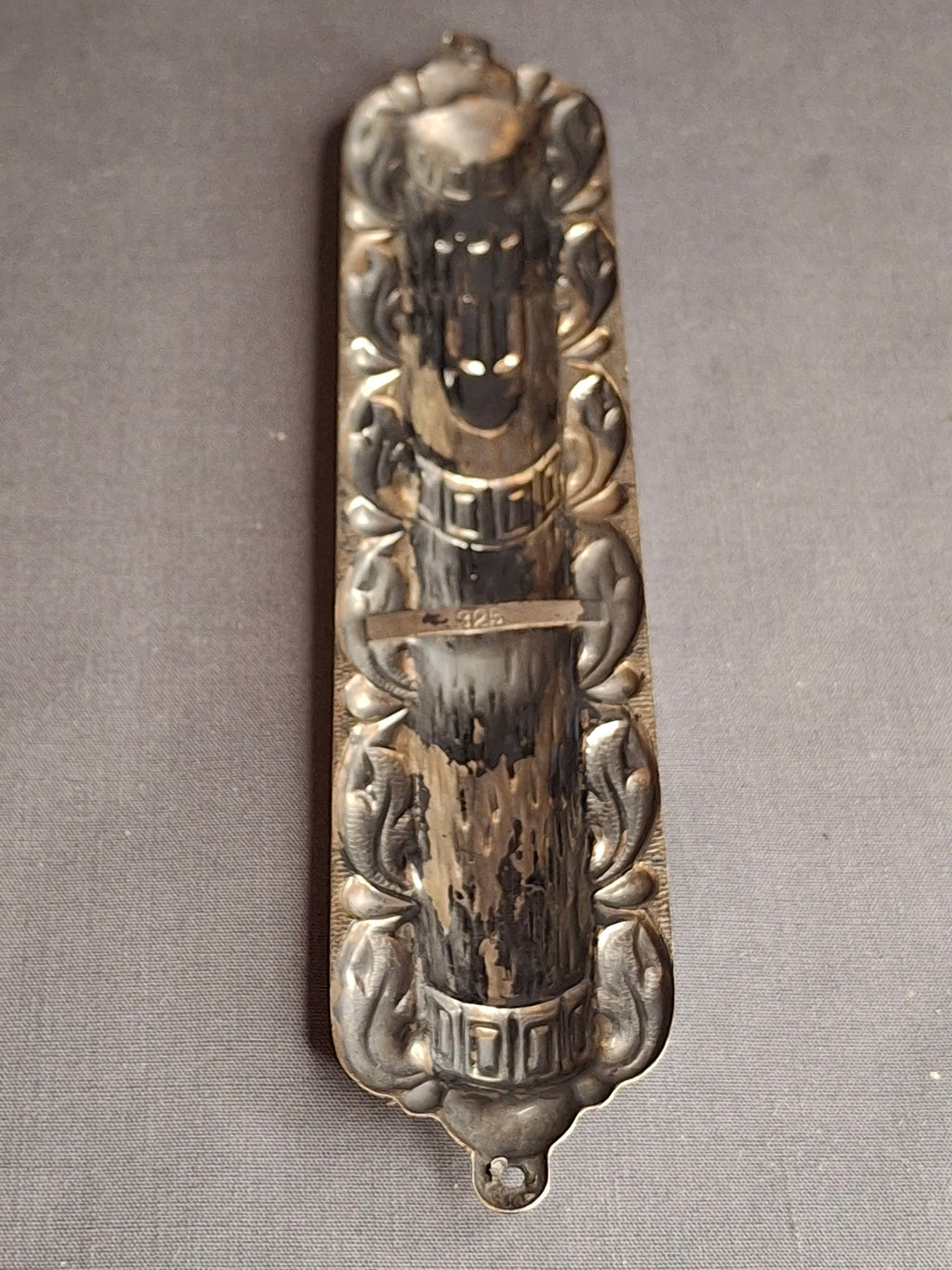 Sterling Silver 925 Repousse Mezuzah Case 6" Bark & Scrollwork