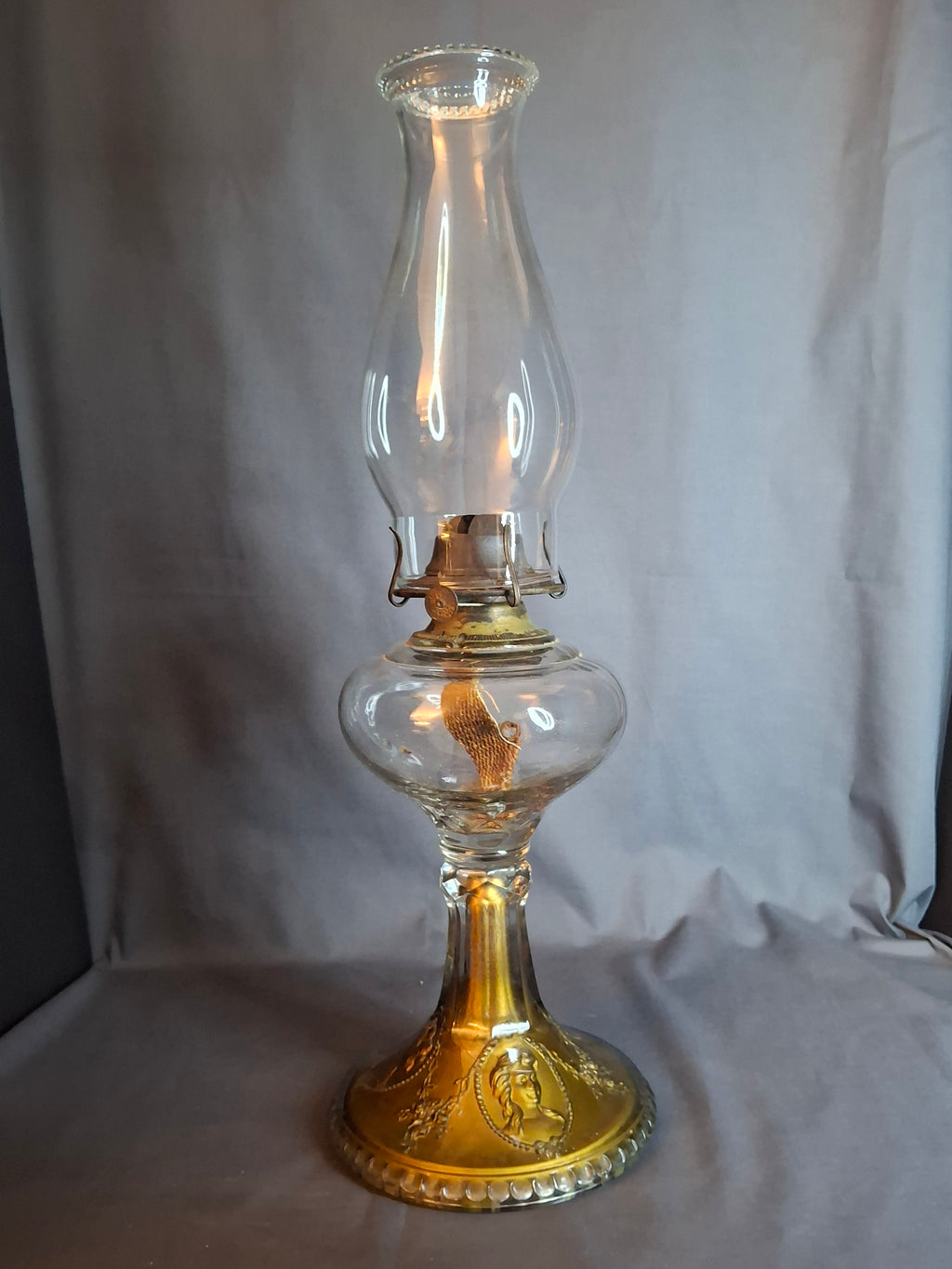 Antique EAPG Riverside Glass No. 423 Empress Kerosene Lamp Gold Intaglio Base 10.75" c. 1894