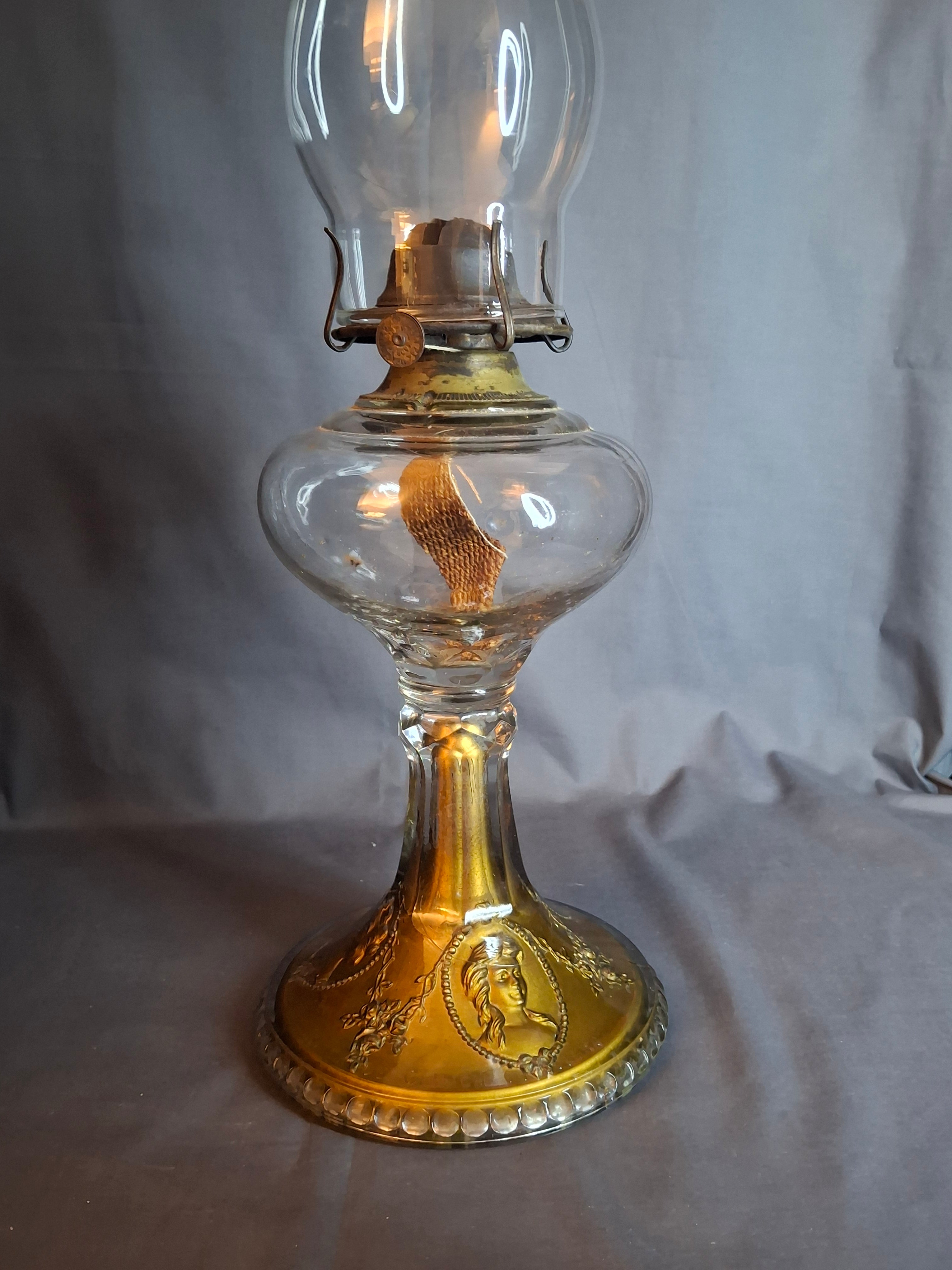 Antique EAPG Riverside Glass No. 423 Empress Kerosene Lamp Gold Intaglio Base 10.75" c. 1894