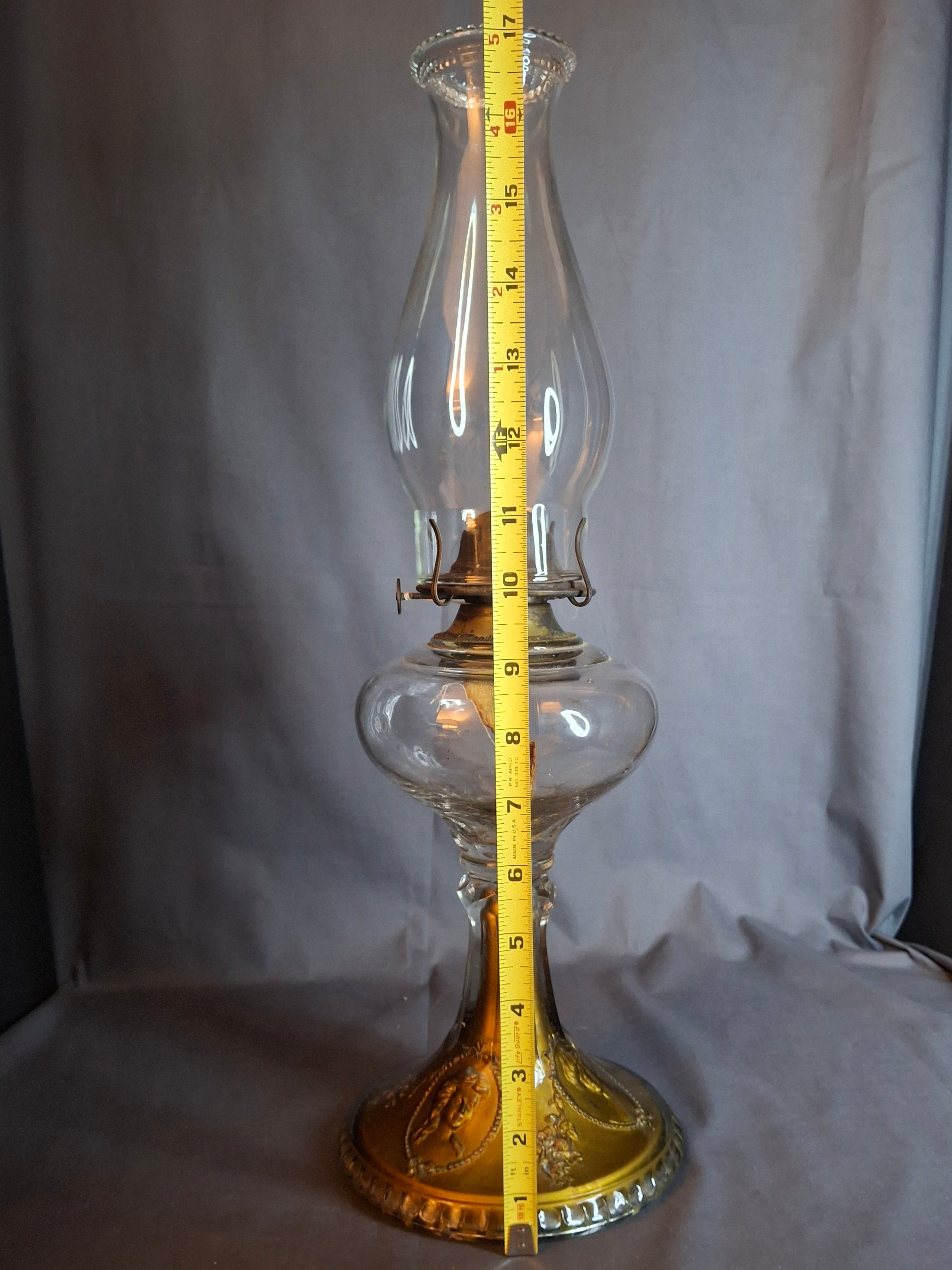 Antique EAPG Riverside Glass No. 423 Empress Kerosene Lamp Gold Intaglio Base 10.75" c. 1894