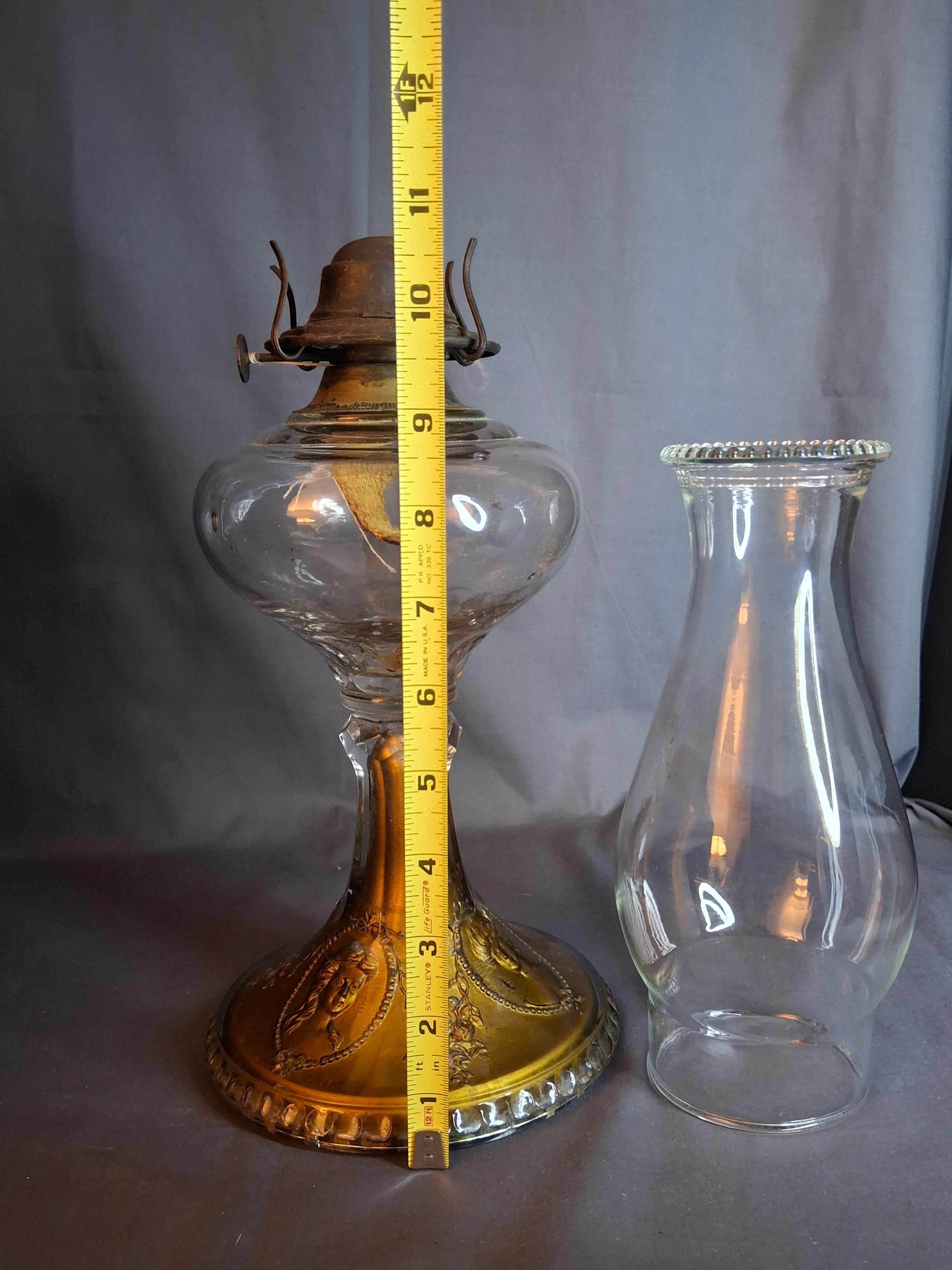 Antique EAPG Riverside Glass No. 423 Empress Kerosene Lamp Gold Intaglio Base 10.75" c. 1894