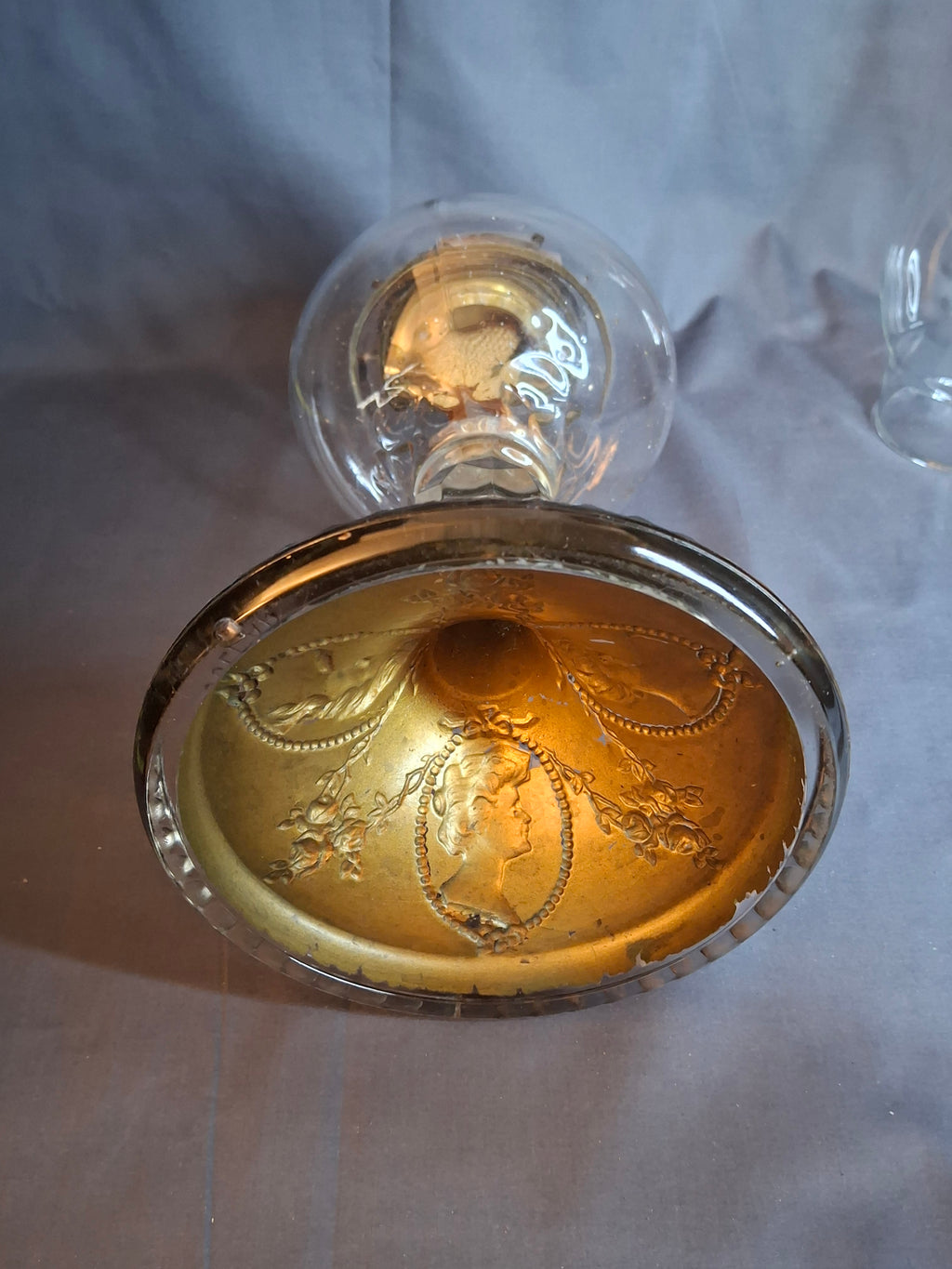 Antique EAPG Riverside Glass No. 423 Empress Kerosene Lamp Gold Intaglio Base 10.75" c. 1894