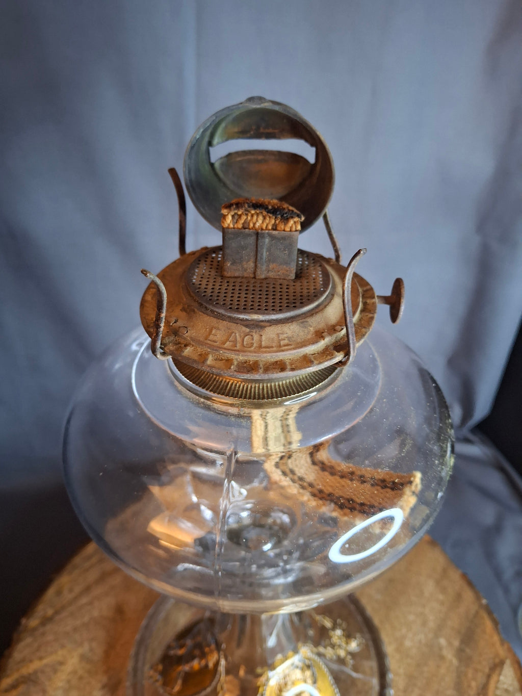 Antique EAPG Riverside Glass No. 423 Empress Kerosene Lamp Gold Intaglio Base 11.75" c.1894