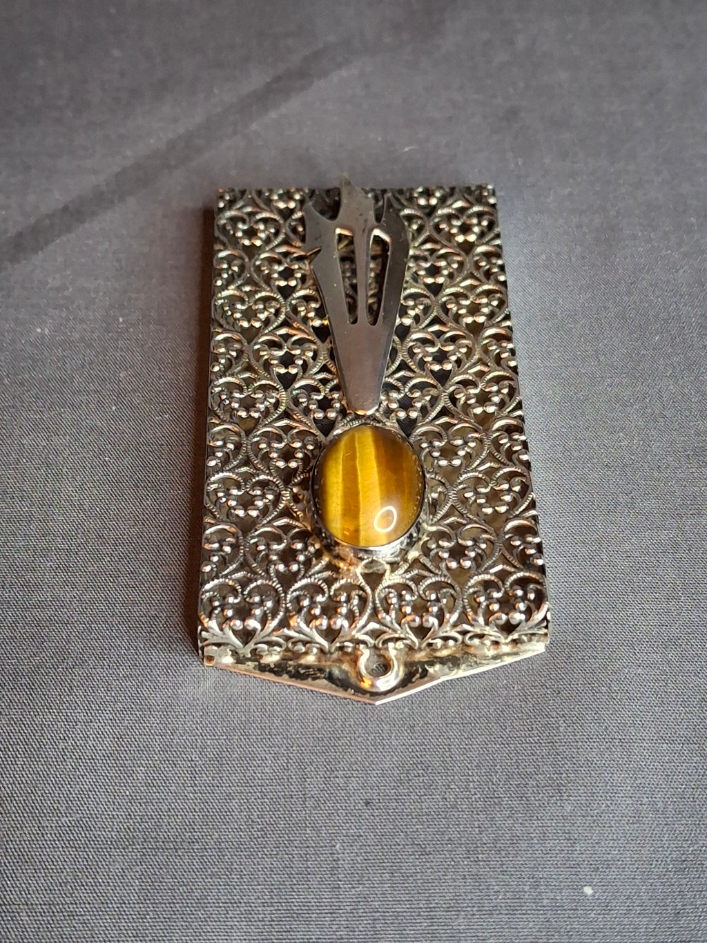 Vintage Israel Sterling Silver 925 Filigree Mezuzah Case Tiger's Eye Stone Judaica