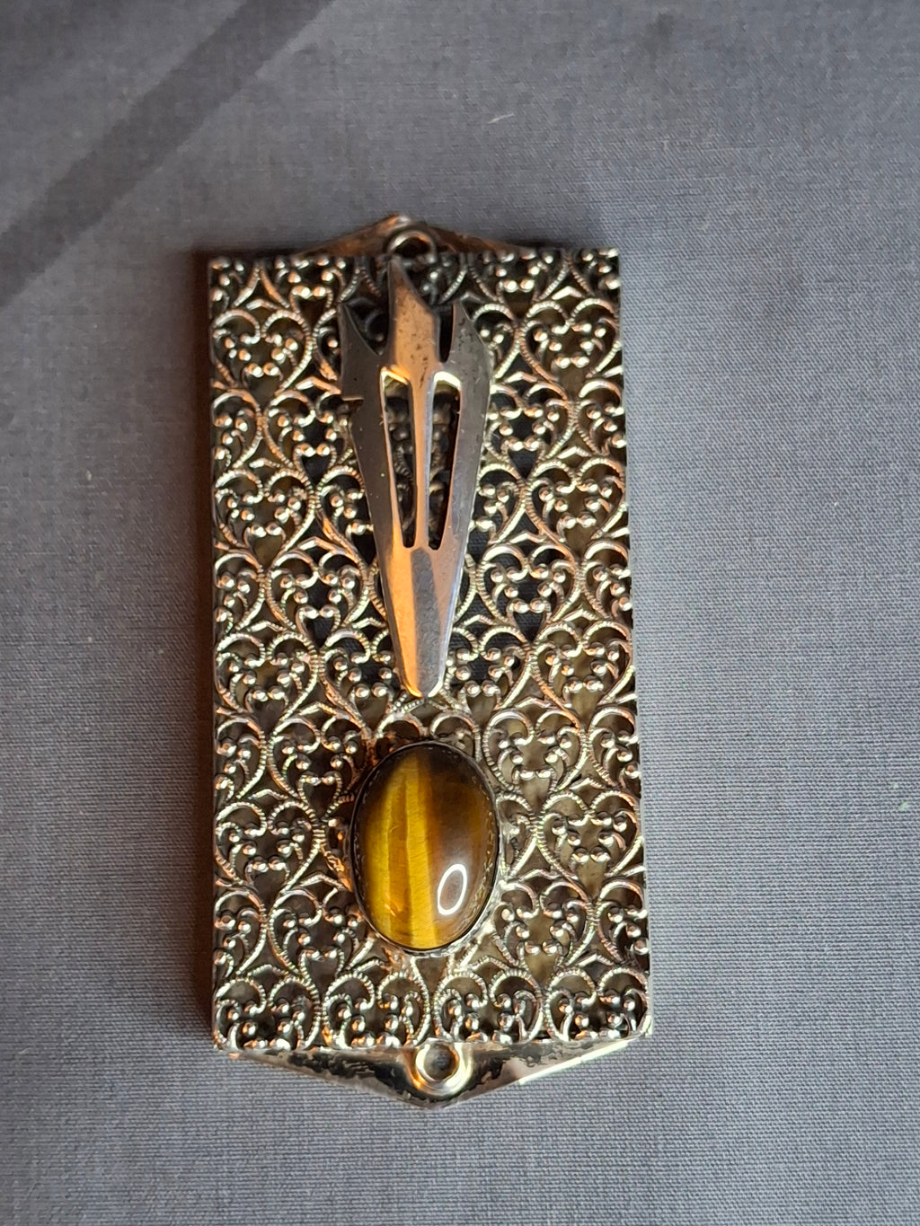 Vintage Israel Sterling Silver 925 Filigree Mezuzah Case Tiger's Eye Stone Judaica